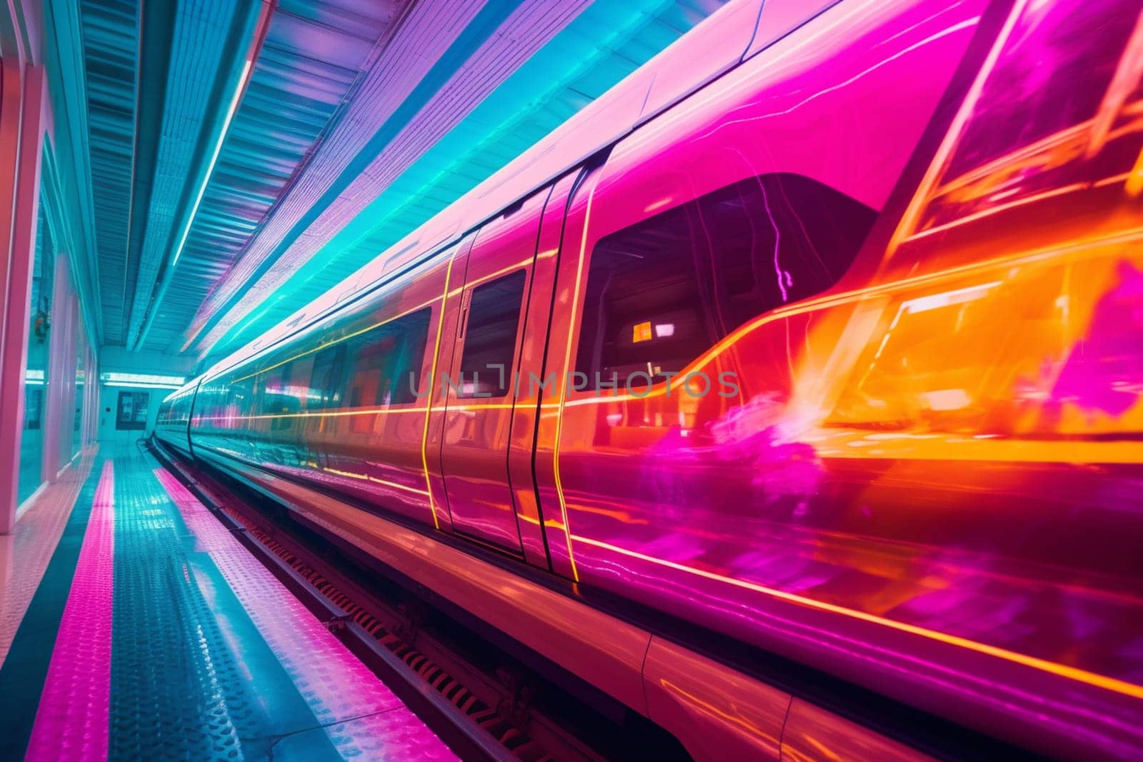 An ultramodern bullet train moves swiftly across an abstract neon landscape. The train's sleek and glossy design gleams in the bright neon lights while cutting through the vast landscape at an incredible speed. (generative AI)