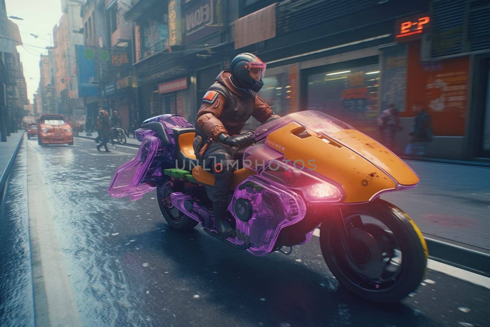 A cutting-edge hoverbike zips through the bustling streets of a modern city, its advanced technology and sleek design turning heads as it speeds by. The rider navigates expertly through traffic, showcasing the bike's incredible maneuverability. (generative AI)