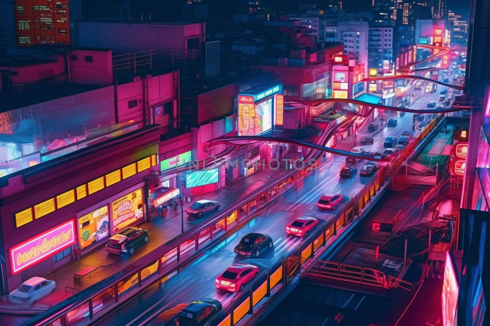 The business district of the future is a sight to behold. Hovering vehicles and neon lights create a dynamic and visually stunning scene. Cutting-edge businesses thrive in this high-tech world where innovation is king. (generative AI)