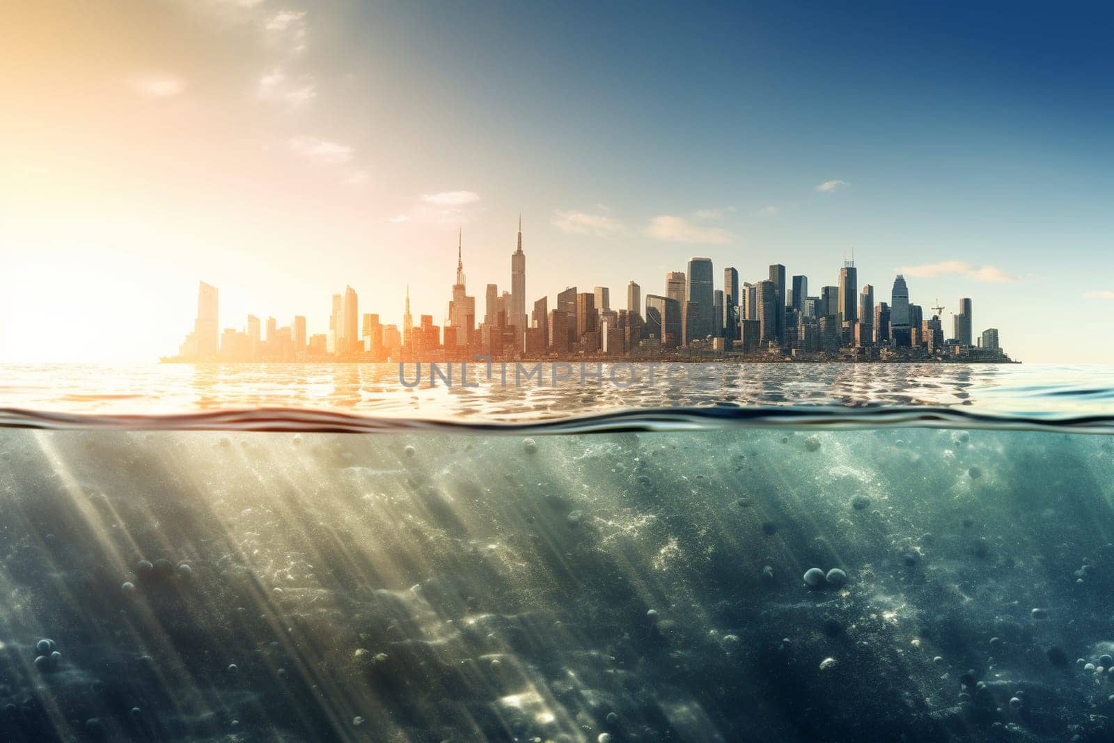 This futuristic cityscape is built along the shore of a vast ocean, with buildings on stilts in the shallow waters, overlooking the endless possibilities of the ocean. The beauty of the cityscape and surrounding ocean captured in breathtaking panoramic photography, made in high-quality photorealistic detail. (generative AI)