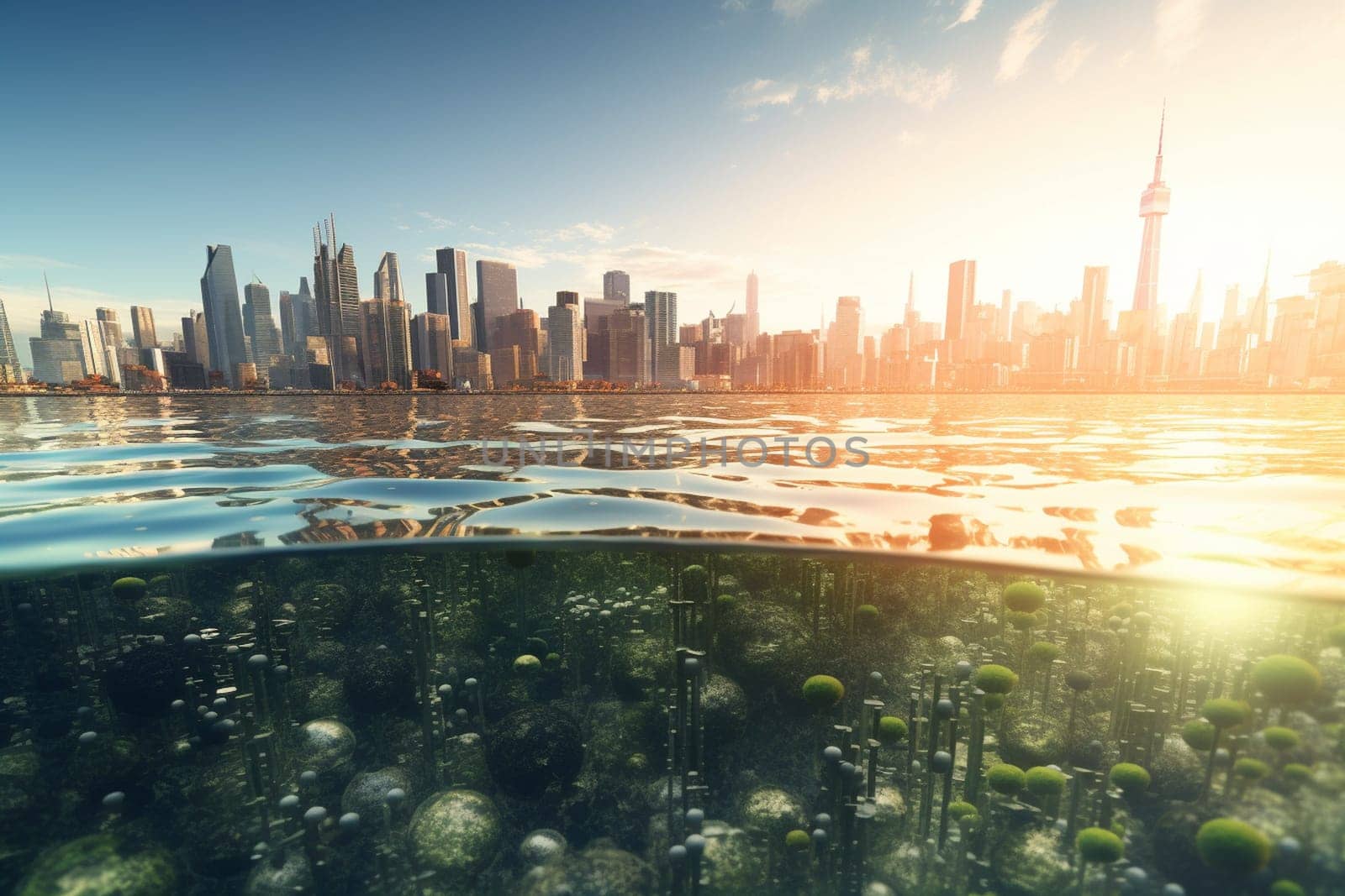 This futuristic cityscape is built along the shore of a vast ocean, with buildings on stilts in the shallow waters, overlooking the endless possibilities of the ocean. The beauty of the cityscape and surrounding ocean captured in breathtaking panoramic photography, made in high-quality photorealistic detail. (generative AI)