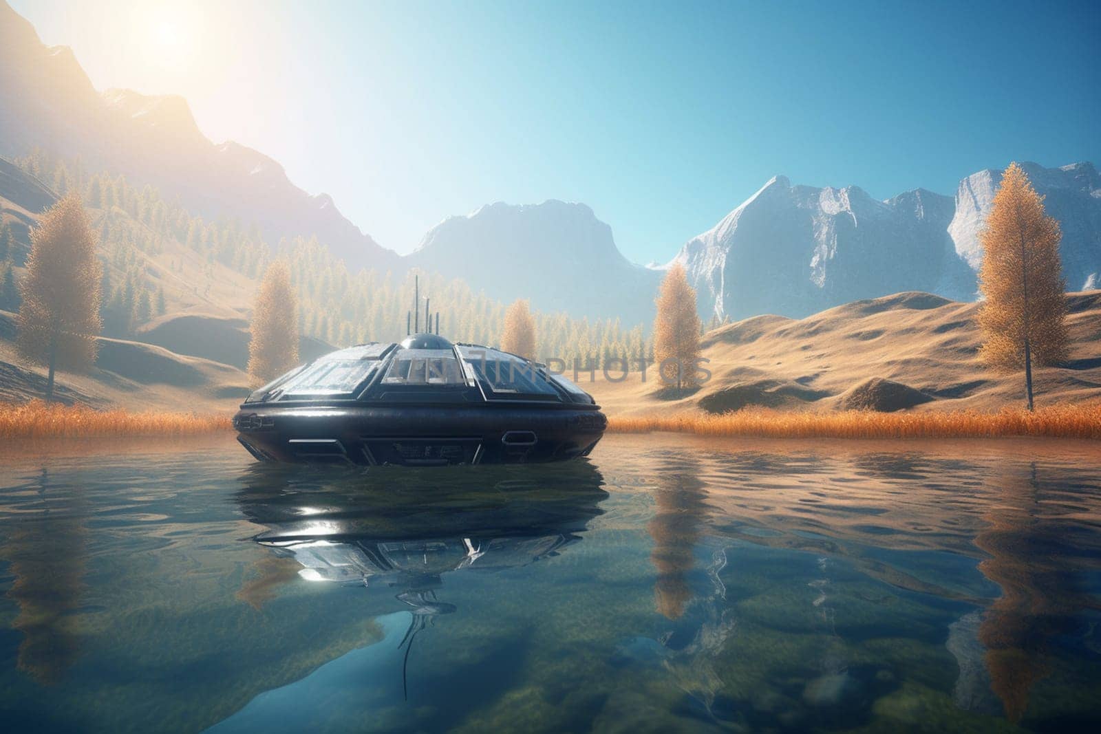 A cutting-edge hovercraft skims across the surface of a pristine lake, its futuristic design turning heads wherever it goes. The craft is powered by a series of thrusters and stabilizers, allowing it to glide effortlessly over the water. (generative AI)