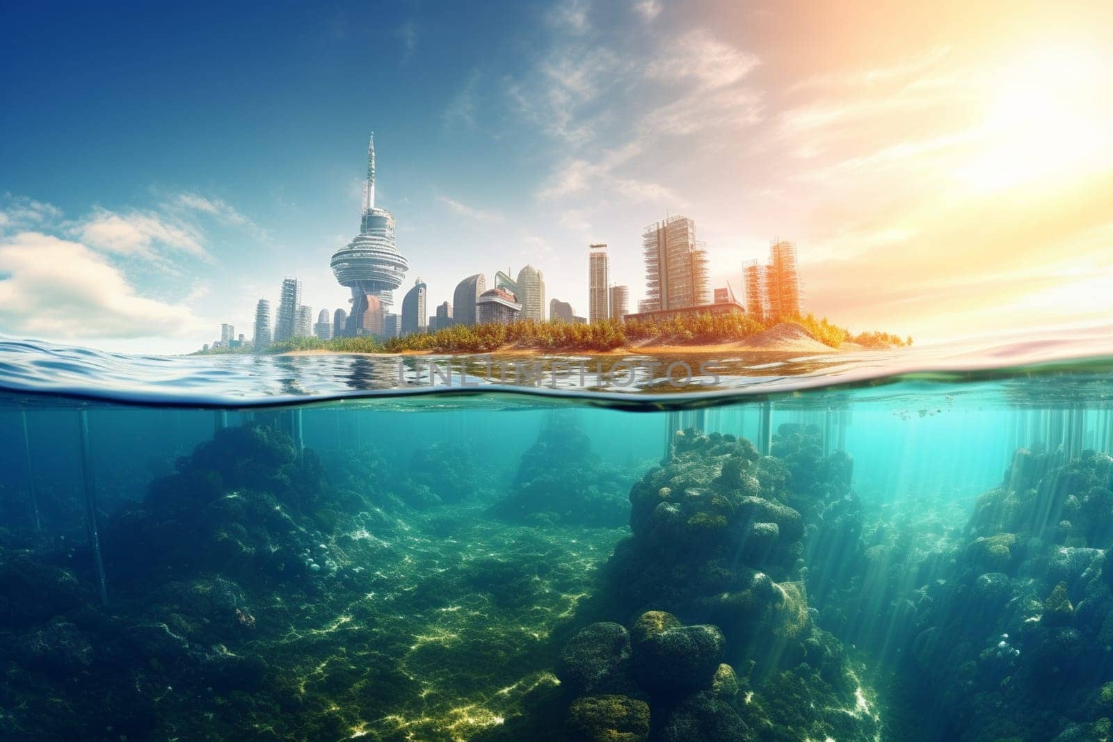 This futuristic cityscape is built along the shore of a vast ocean, with buildings on stilts in the shallow waters, overlooking the endless possibilities of the ocean. The beauty of the cityscape and surrounding ocean captured in breathtaking panoramic photography, made in high-quality photorealistic detail. (generative AI)