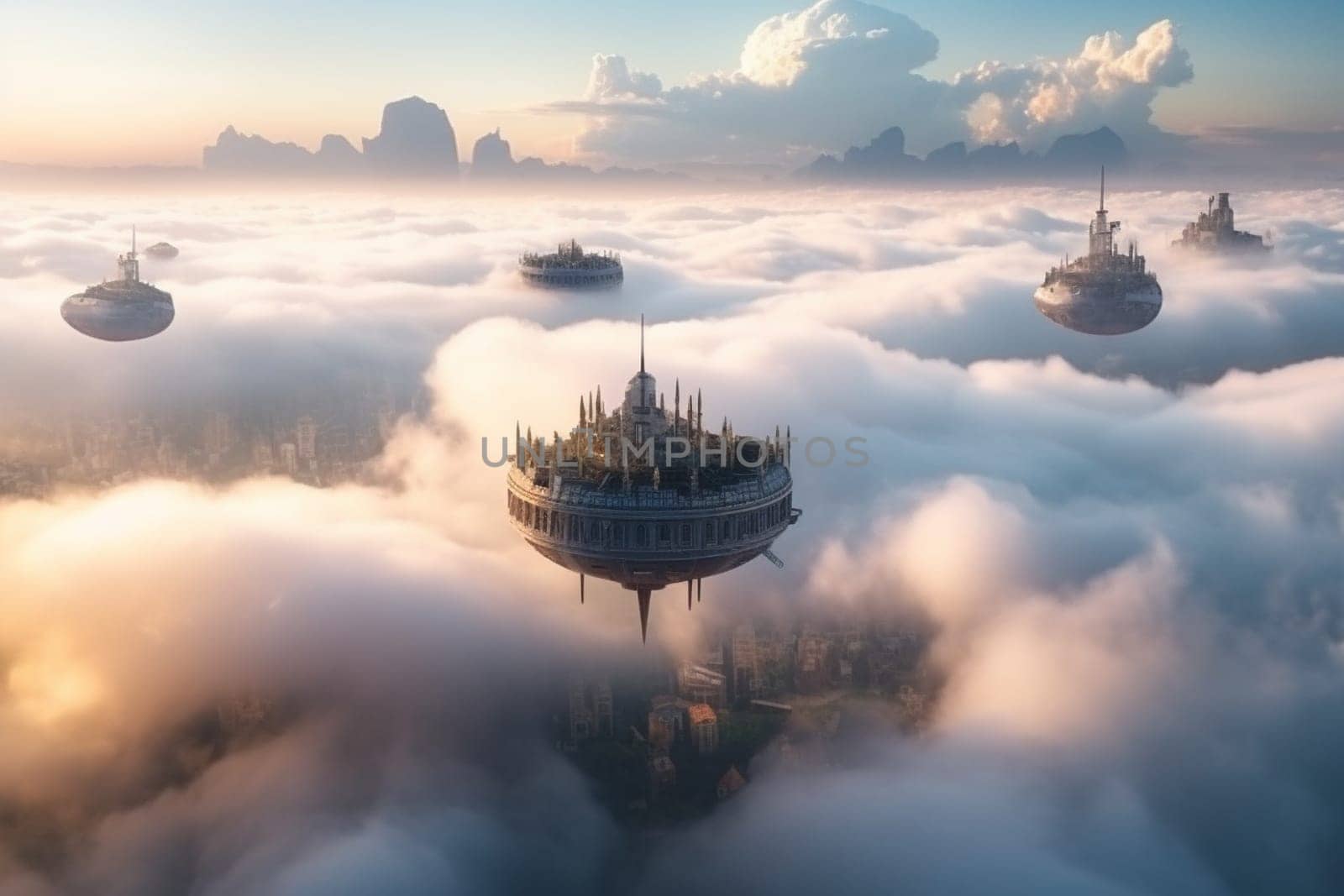 This futuristic city built on a massive floating platform high above the clouds is a stunning example of imaginative cityscape photography. The surreal landscape, high resolution, and science fiction elements make this scene an imaginary landscape that will engage the mind and push the boundaries of what is visually possible. (generative AI)