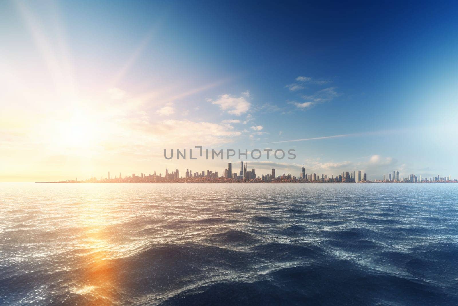 In the future, cities might soar to incredible heights and be surrounded by vast oceans. This stunning cityscape captures that vision perfectly, with skyscrapers that stretch high into the sky and a wide ocean that seems to go on forever. With its sharp focus and high resolution, this photorealistic scene is simply breathtaking.  (generative AI)