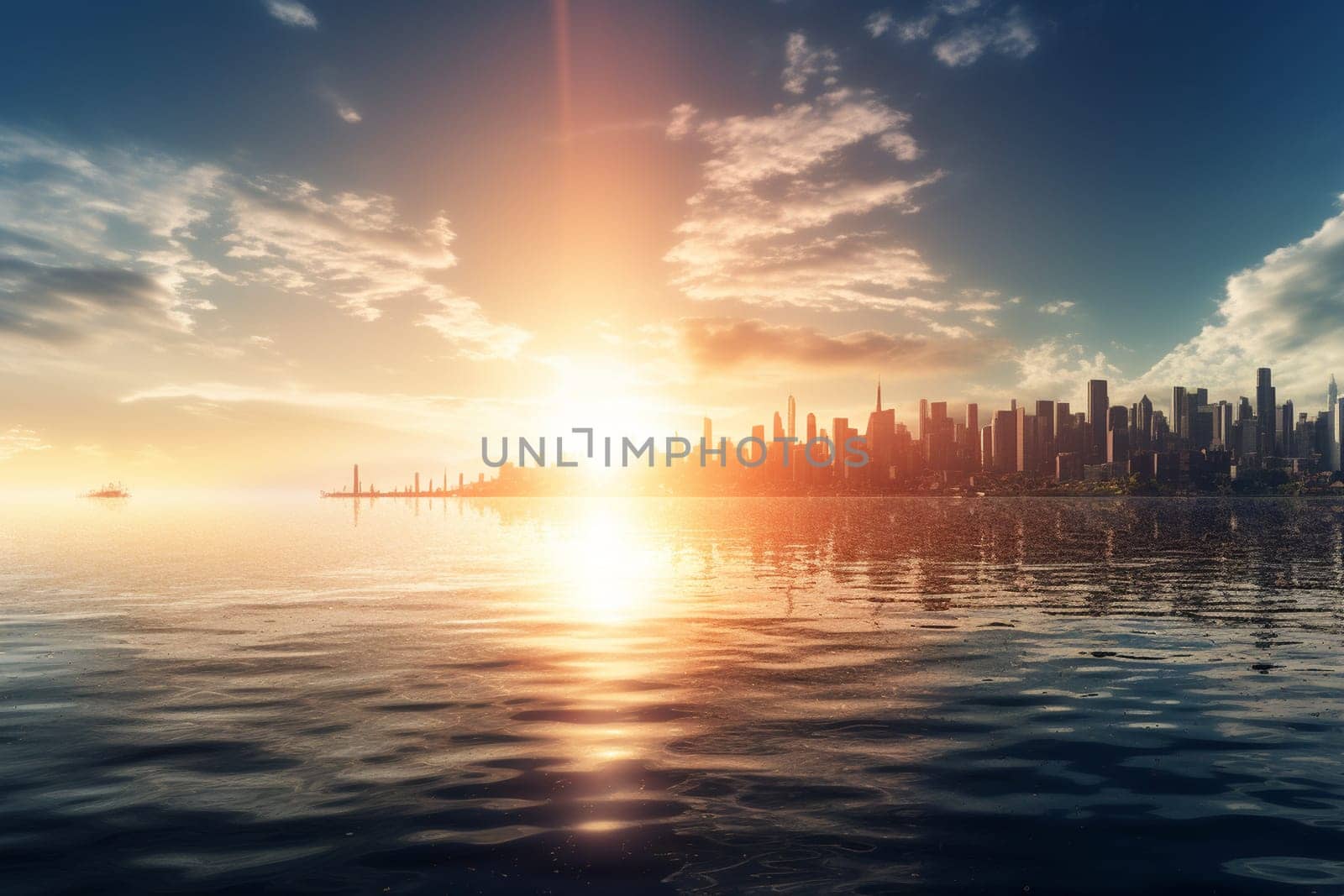 In the future, cities might soar to incredible heights and be surrounded by vast oceans. This stunning cityscape captures that vision perfectly, with skyscrapers that stretch high into the sky and a wide ocean that seems to go on forever. With its sharp focus and high resolution, this photorealistic scene is simply breathtaking.  (generative AI)