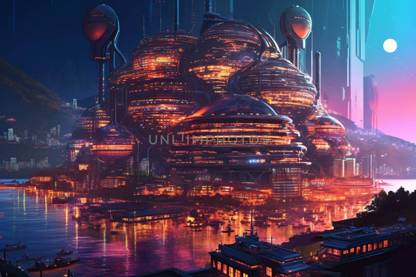 This futuristic city is a marvel of engineering and design, rising up from the edge of a vast, sparkling ocean. The metallic surfaces and neon lights create a dreamlike atmosphere, while the panoramic view of the ocean adds an extra touch of drama. (generative AI)