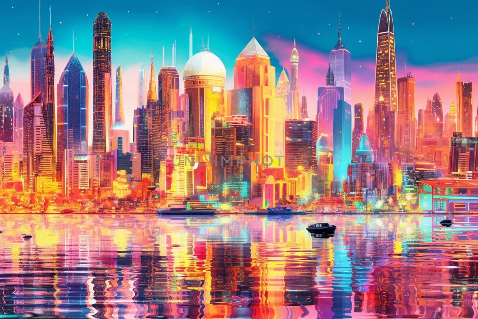 This futuristic city skyline is a technological marvel, rising from the sea with towering buildings and neon lights. The photorealistic detail and sharp focus make it seem almost real, while the panoramic view captures the drama and majesty of this awe-inspiring environment. (generative AI)