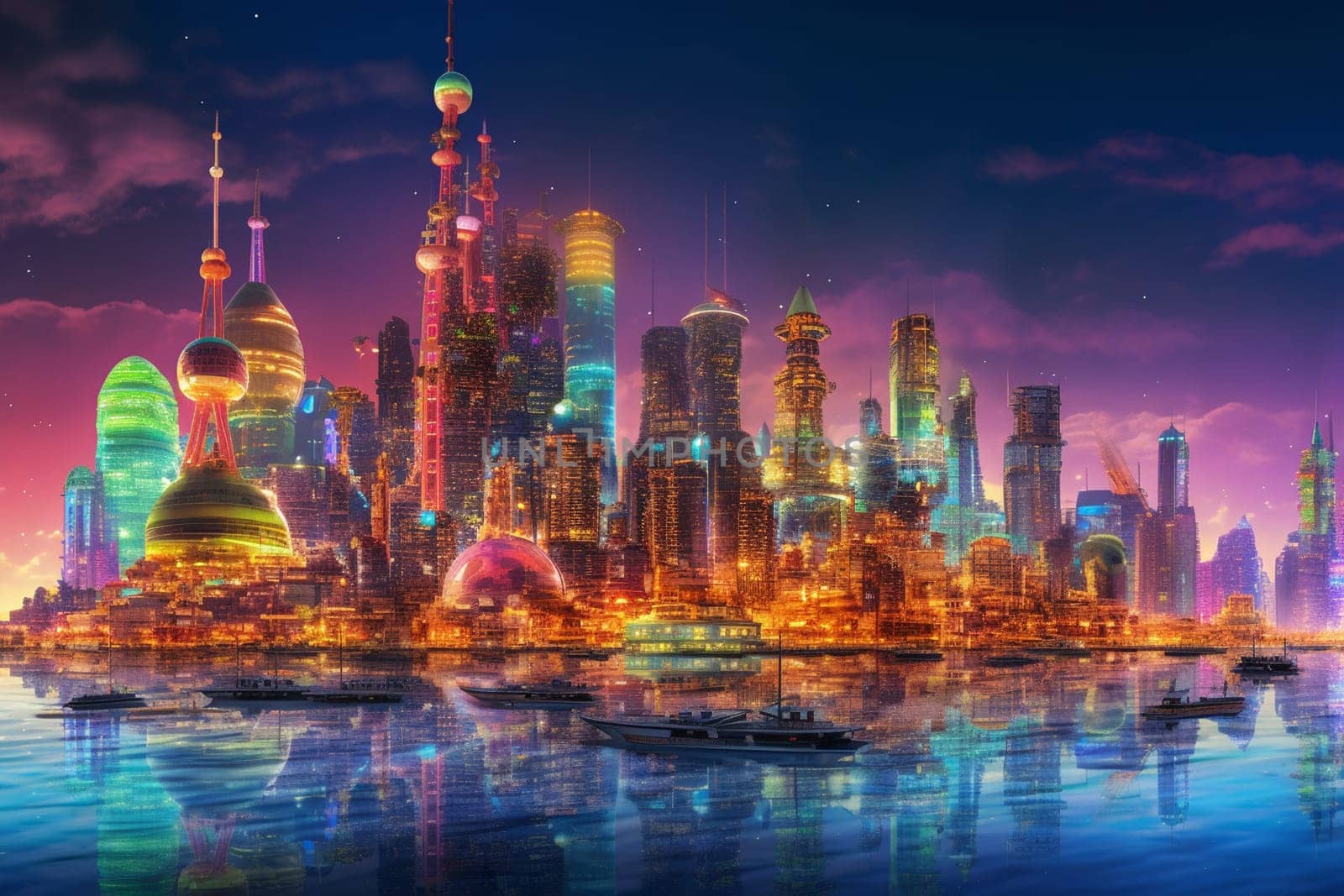 This futuristic city skyline is a technological marvel, rising from the sea with towering buildings and neon lights. The photorealistic detail and sharp focus make it seem almost real, while the panoramic view captures the drama and majesty of this awe-inspiring environment. (generative AI)