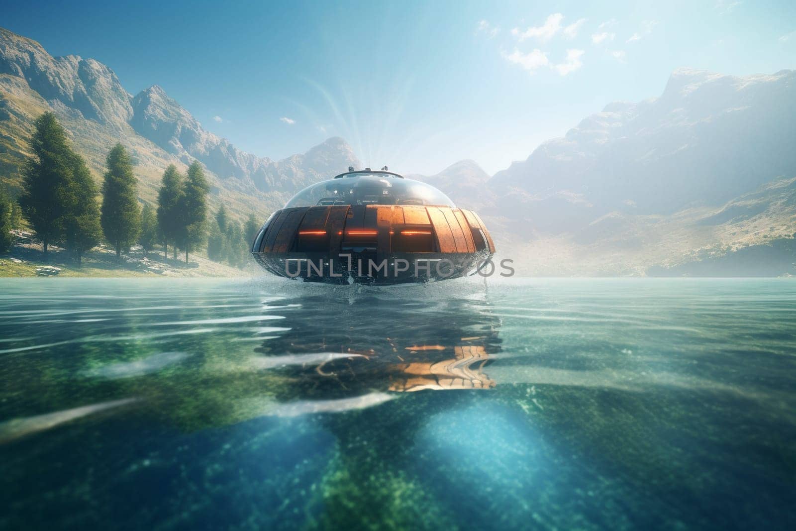 A cutting-edge hovercraft skims across the surface of a pristine lake, its futuristic design turning heads wherever it goes. The craft is powered by a series of thrusters and stabilizers, allowing it to glide effortlessly over the water. (generative AI)