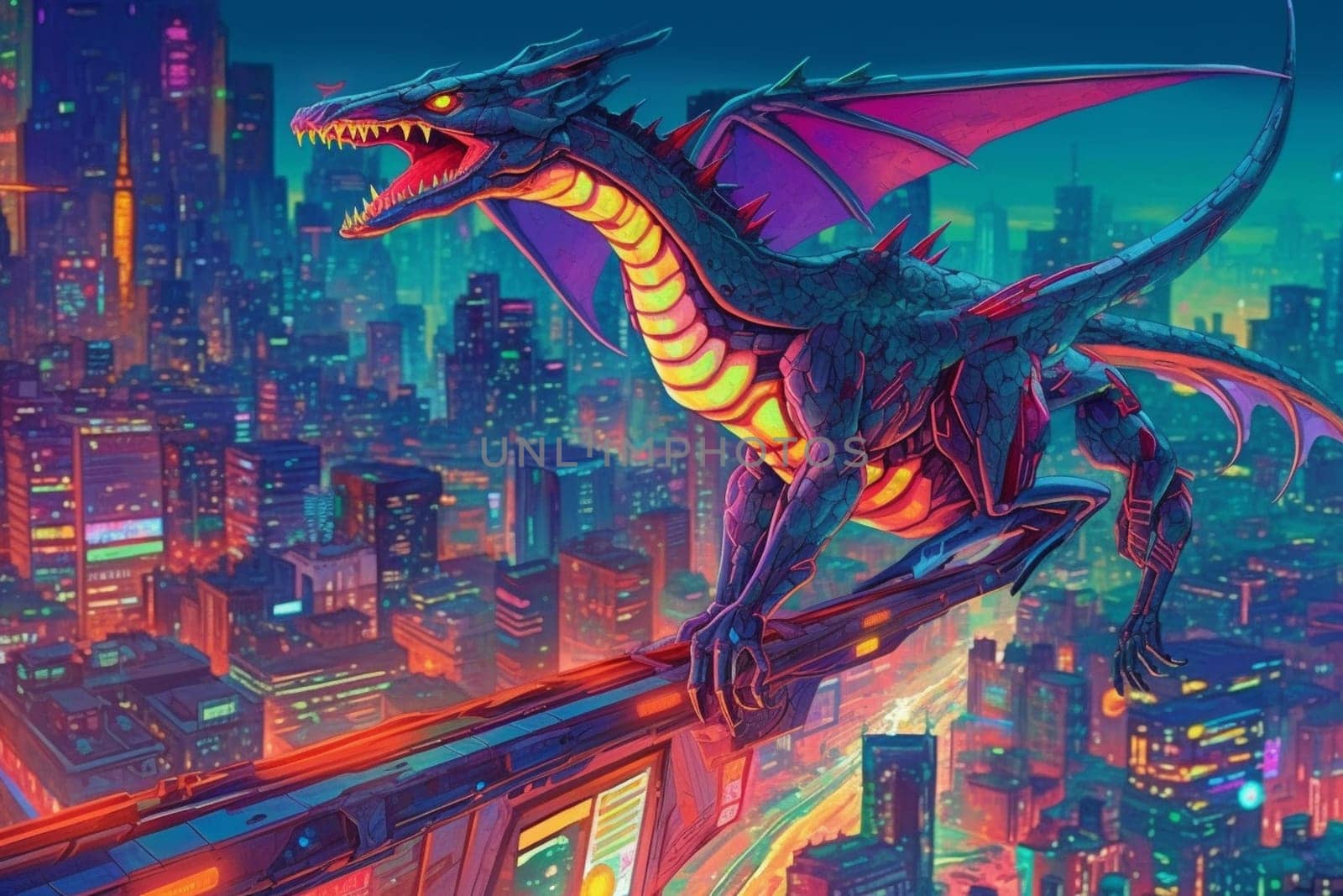 In this futuristic scene, a robotic dragon can be seen flying over a neon-lit city skyline, creating a dynamic and modern ambiance. The neon colors give the scenery a sci-fi feeling, while the sharp focus aerial point of view adds to the sense of movement and excitement. (generative AI)