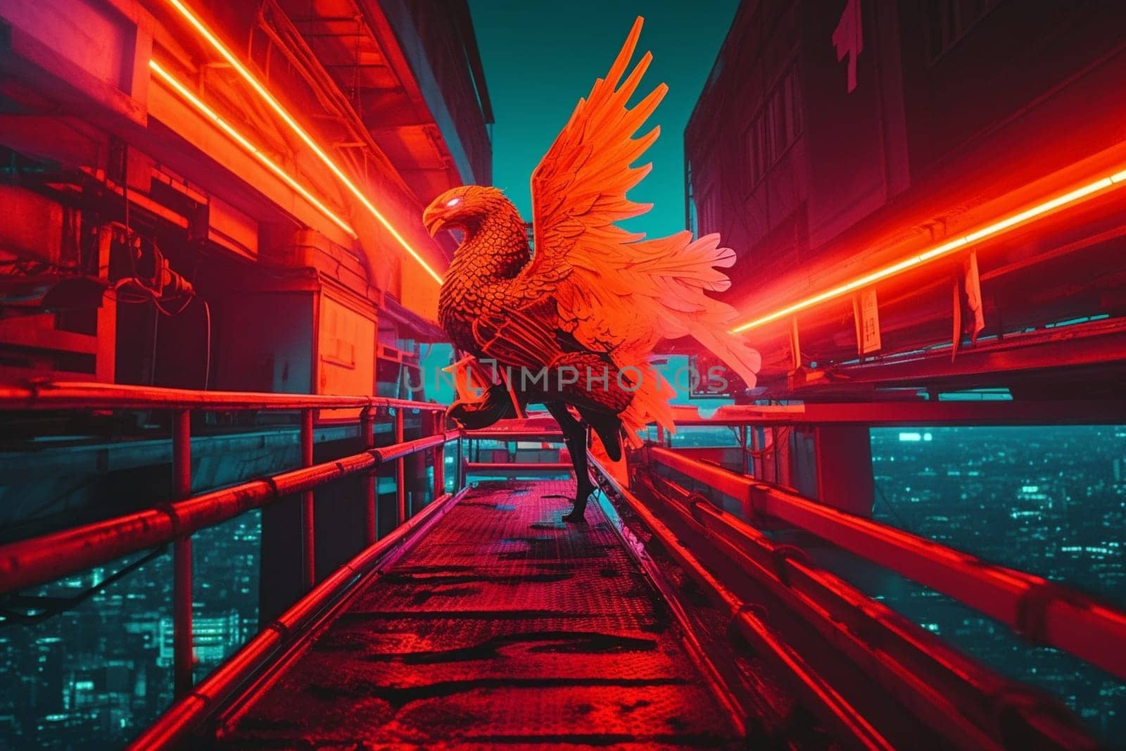 The phoenix is a mythical bird that represents rebirth and regeneration. In this scene, a futuristic robotic phoenix can be seen taking off from a pier in a neon cityscape, creating a mesmerizing and cutting-edge environment that captures the imagination of the future. (generative AI)
