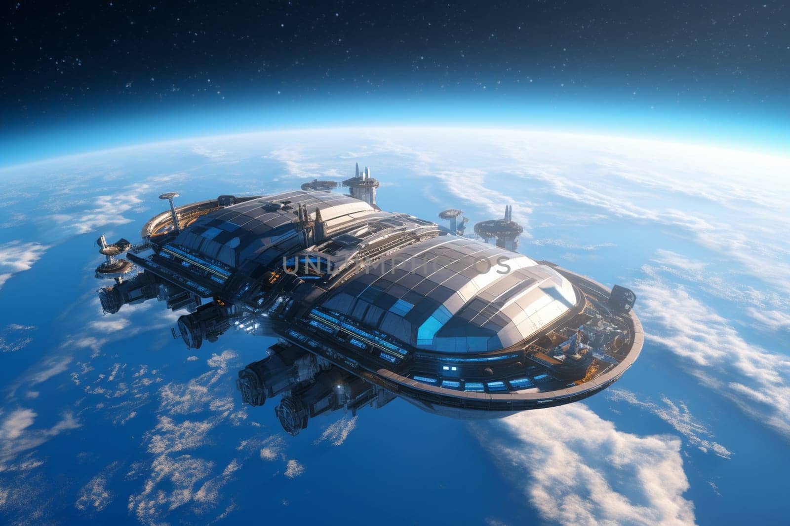 Experience the beauty of this futuristic space station floating majestically above an endless ocean. The photorealistic quality of the photograph is of the highest quality, captured in sharp focus, and made with beautiful contrast to accentuate the space age sci-fi feel of the piece. (generative AI)