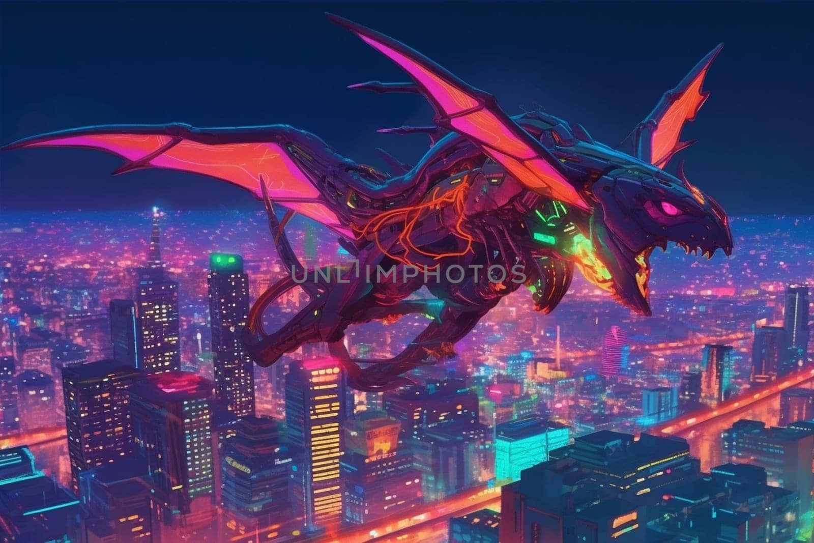 In this futuristic scene, a robotic dragon can be seen flying over a neon-lit city skyline, creating a dynamic and modern ambiance. The neon colors give the scenery a sci-fi feeling, while the sharp focus aerial point of view adds to the sense of movement and excitement. (generative AI)