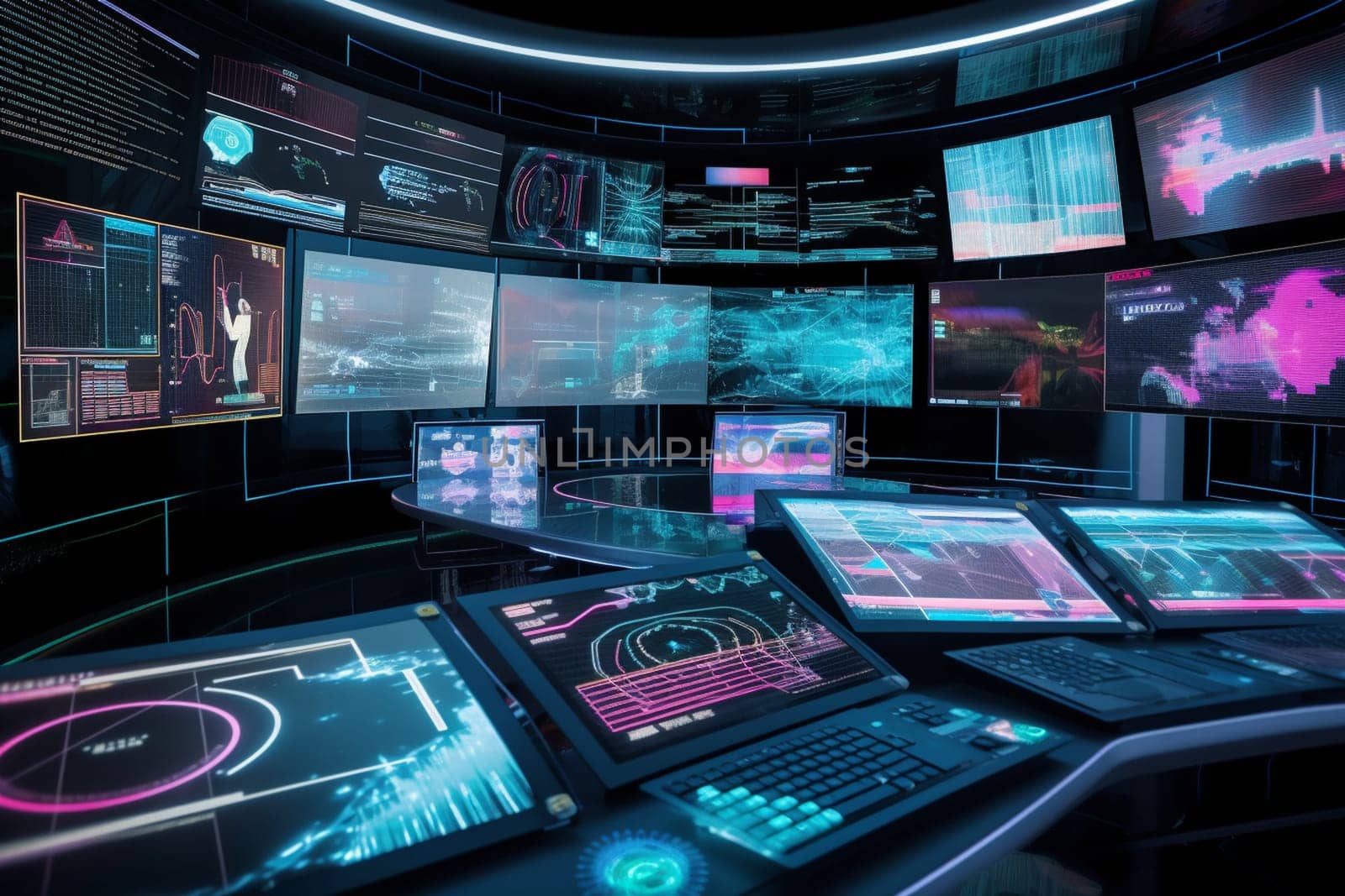 Harnessing the immense power of computer algorithmic processing, this trading desk delivers real-time market analytics and instantaneous buying and selling of securities. This futuristic platform interfaces with global trading networks, where machine-harvested data crystallizes into a playing field of possibilities. This image captures the interface that connects liquidity with algorithms, where industrial might meets sophisticated artificial intelligence. (generative AI)