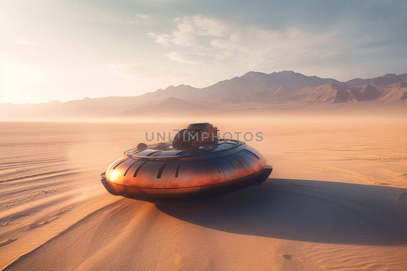 The hovercraft zooms across the barren desert landscape, its advanced technology allowing it to traverse any terrain with ease. The dramatic lighting of the sunset creates a beautiful contrast with the sleek design of the futuristic craft, making for a stunning scene in the middle of nowhere. (generative AI)