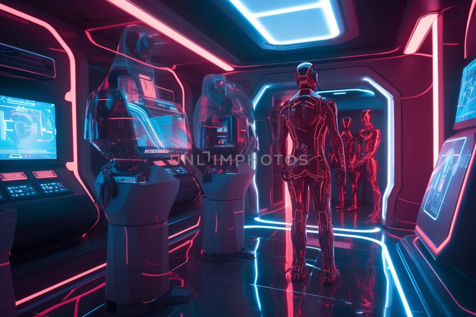 In the near future, a tech company with cutting-edge holographic displays and robotic assistants creates innovative solutions for the world's most pressing problems. Humans and robots work in perfect harmony to achieve their shared goals, pushing the boundaries of what is possible in the field of technology. (generative AI)