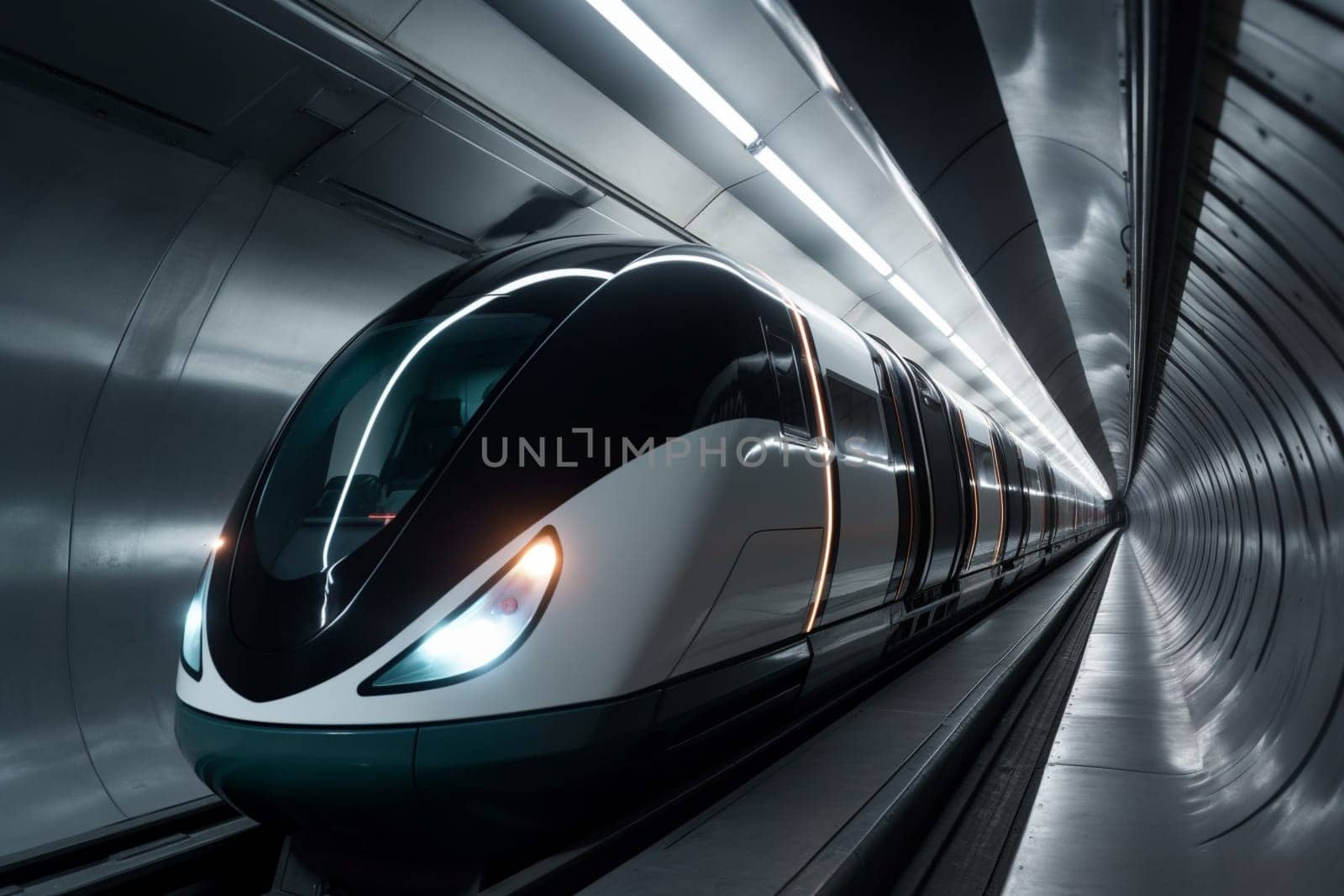 A sleek hyperloop train speeds through a vacuum-sealed tunnel, its cutting-edge propulsion technology capable of achieving incredible speeds. The train's passengers enjoy a smooth and silent ride, arriving at their destinations in record time. (generative AI)