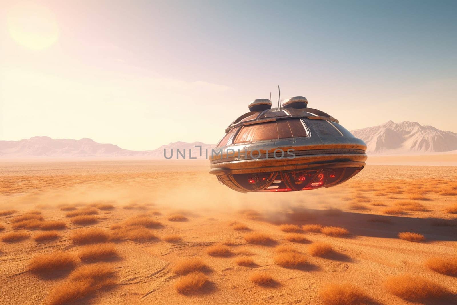 The hovercraft zooms across the barren desert landscape, its advanced technology allowing it to traverse any terrain with ease. The dramatic lighting of the sunset creates a beautiful contrast with the sleek design of the futuristic craft, making for a stunning scene in the middle of nowhere. (generative AI)