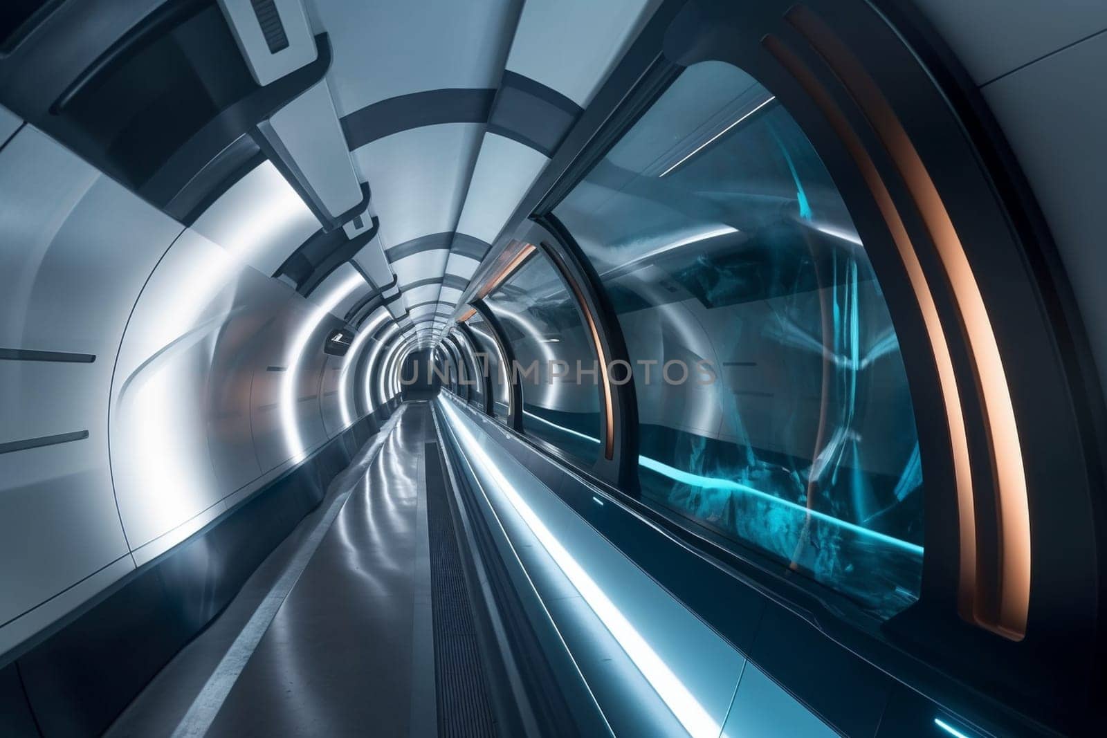 A sleek hyperloop train speeds through a vacuum-sealed tunnel, its cutting-edge propulsion technology capable of achieving incredible speeds. The train's passengers enjoy a smooth and silent ride, arriving at their destinations in record time. (generative AI)