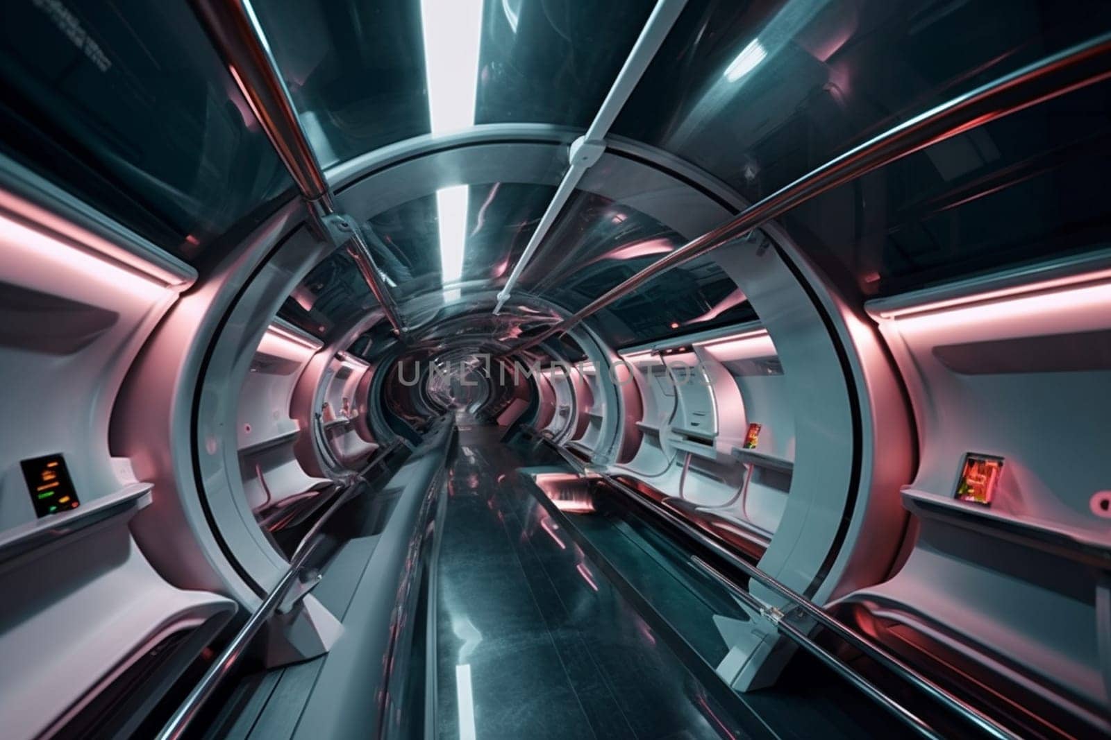 A sleek hyperloop train speeds through a vacuum-sealed tunnel, its cutting-edge propulsion technology capable of achieving incredible speeds. The train's passengers enjoy a smooth and silent ride, arriving at their destinations in record time. (generative AI)