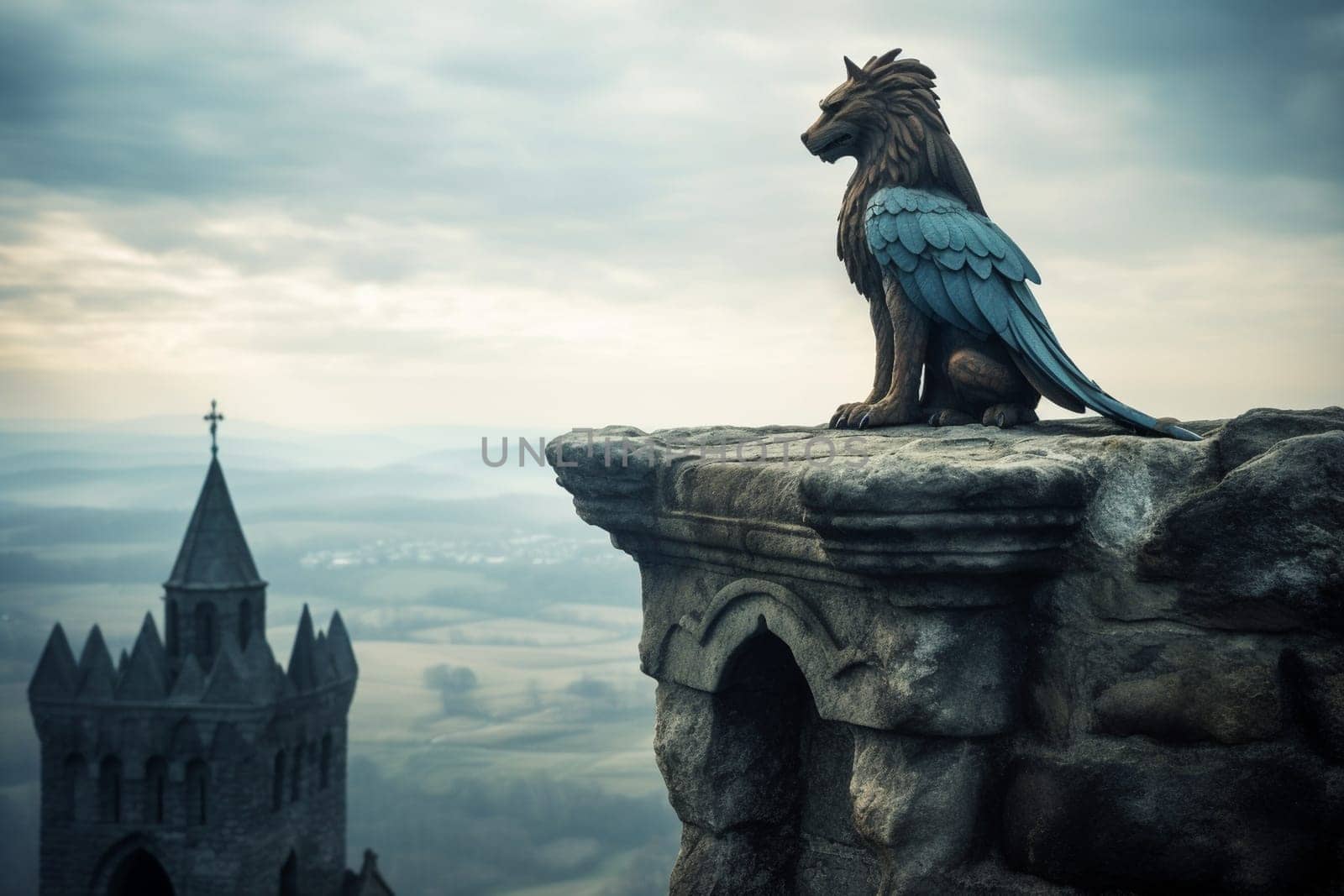 A griffin is a legendary creature that is part lion and part eagle. This majestic animal can be seen perched on a stone tower watching over a vast kingdom, creating a regal and dramatic scene that evokes a sense of history and intrigue. (generative AI)