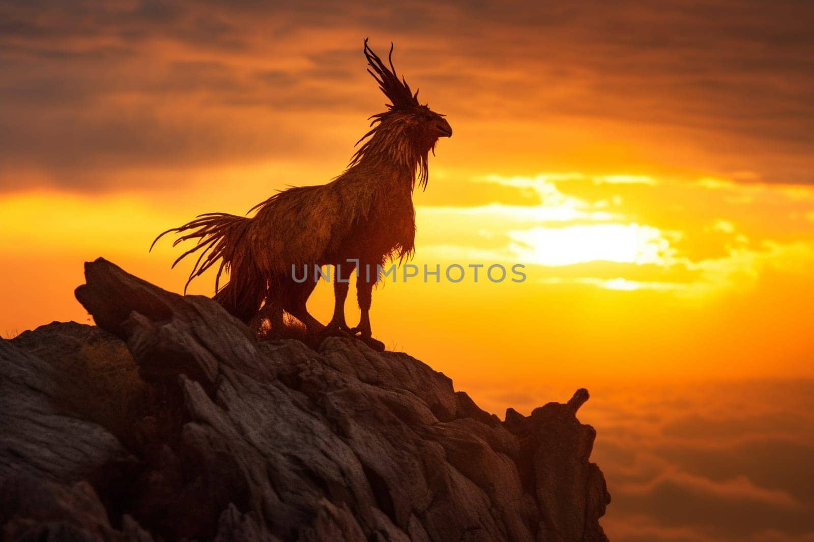 The griffin stands tall and majestic on top of a mountain peak, silhouetted against the orange and pink hues of sunrise. The scene is natural and wilderness-like, highlighting the raw power and beauty of this legendary creature. (generative AI)