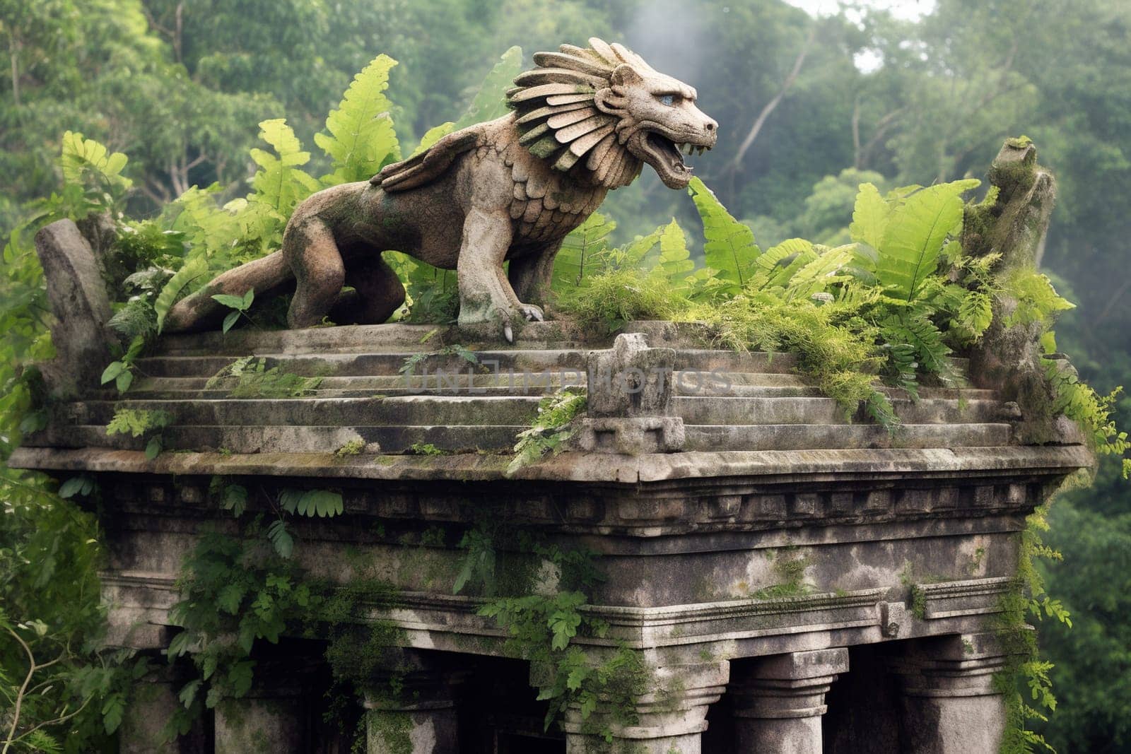 The griffin is a legendary creature with the body of a lion and the head of an eagle, and can be seen perched on top of an ancient temple, overlooking a lush jungle. The intricate detail of the temple and the texture of the jungle provide a beautiful and natural backdrop for this magnificent animal. (generative AI)