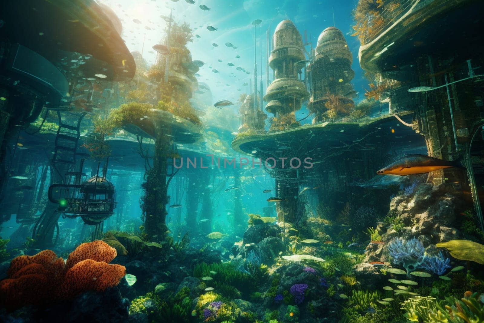 This futuristic undersea city is a marvel of technology and architecture, with towering buildings and advanced transportation systems. The photorealistic detail and sharp focus make it seem almost real, while the colorful lights and panoramic view capture the drama and majesty of this awe-inspiring environment. (generative AI)