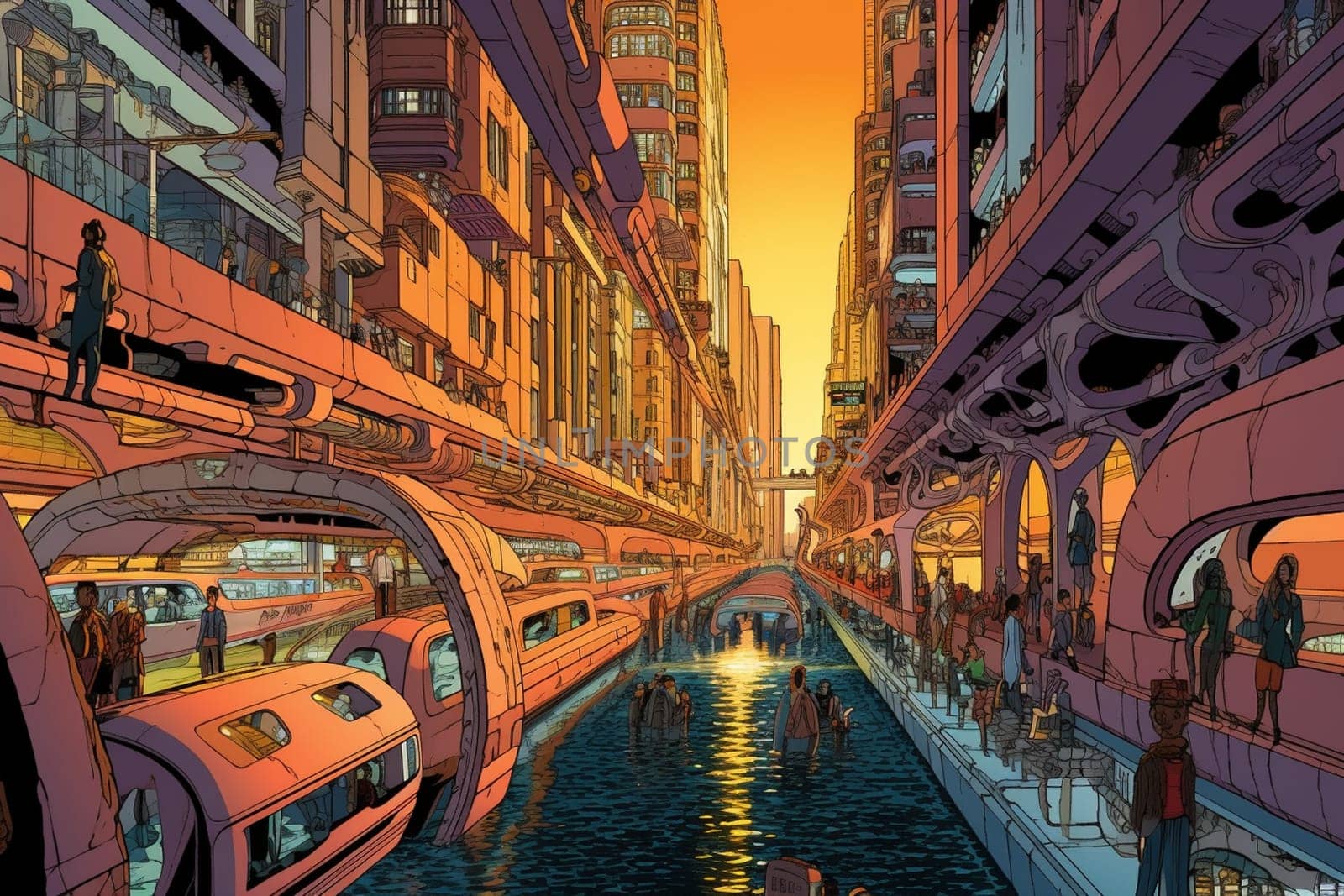 Dive into the future and explore the wonders of an underwater metropolis, where towering skyscrapers and sleek vehicles coexist with the stunning marine life of the surrounding ocean. The streets are bustling with activity, creating a futuristic cityscape unlike any other. (generative AI)
