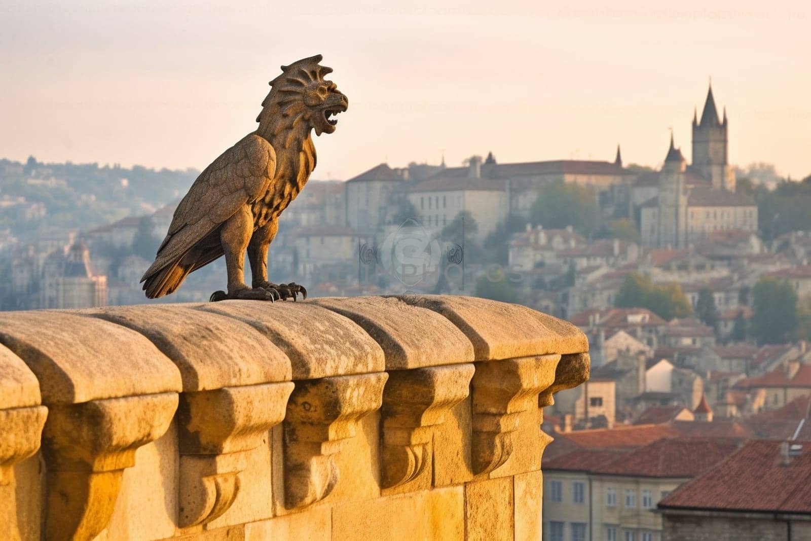 Griffins are legendary creatures that are part-lion and part-eagle, representing the strength and freedom of the animal kingdom. In this scene, a griffin is perched on a castle wall, overlooking a medieval city, creating a regal and majestic ambiance that evokes the warmth of a bygone era. (generative AI)