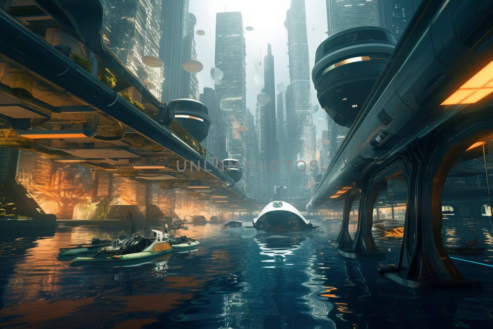 Dive into the future and explore the wonders of an underwater metropolis, where towering skyscrapers and sleek vehicles coexist with the stunning marine life of the surrounding ocean. The streets are bustling with activity, creating a futuristic cityscape unlike any other. (generative AI)