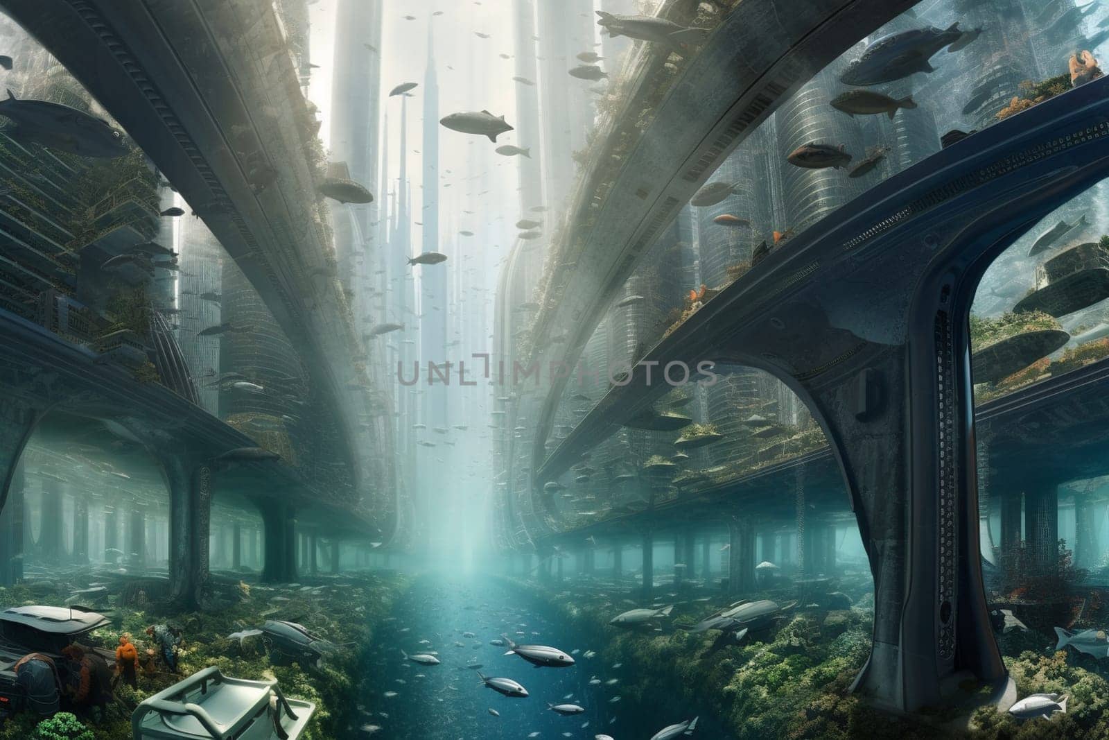 Dive into the future and explore the wonders of an underwater metropolis, where towering skyscrapers and sleek vehicles coexist with the stunning marine life of the surrounding ocean. The streets are bustling with activity, creating a futuristic cityscape unlike any other. (generative AI)