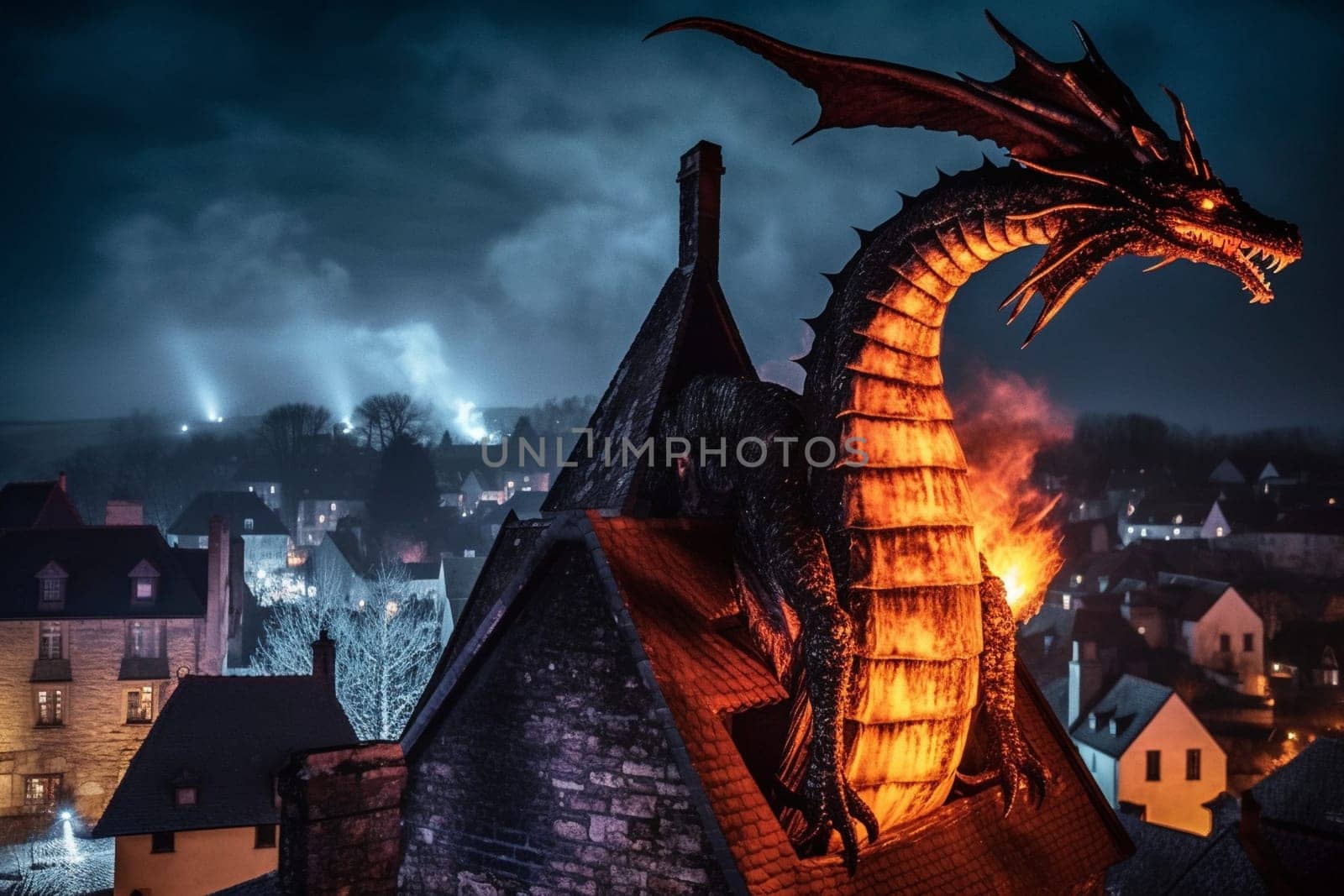 The giant fire-breathing dragon, a symbol of power and destruction, can be seen perched on top of a castle tower, overlooking a medieval village. The historical and medieval atmosphere of the scene creates a sense of awe and grandeur, while the high contrast of the red dragon scales against the warm stone of the castle tower adds a sense of power and towering strength. (generative AI)