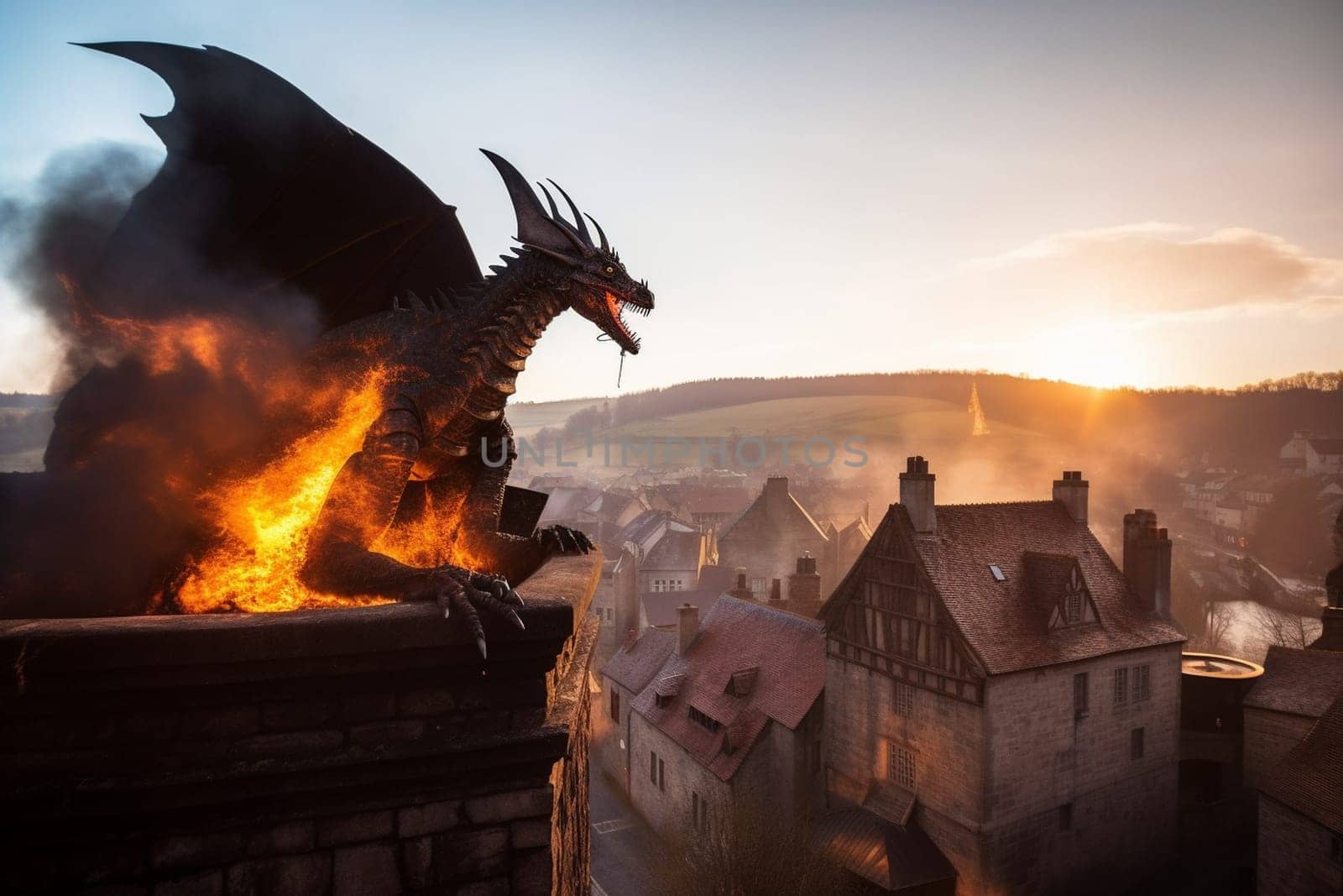 The giant fire-breathing dragon, a symbol of power and destruction, can be seen perched on top of a castle tower, overlooking a medieval village. The historical and medieval atmosphere of the scene creates a sense of awe and grandeur, while the high contrast of the red dragon scales against the warm stone of the castle tower adds a sense of power and towering strength. (generative AI)