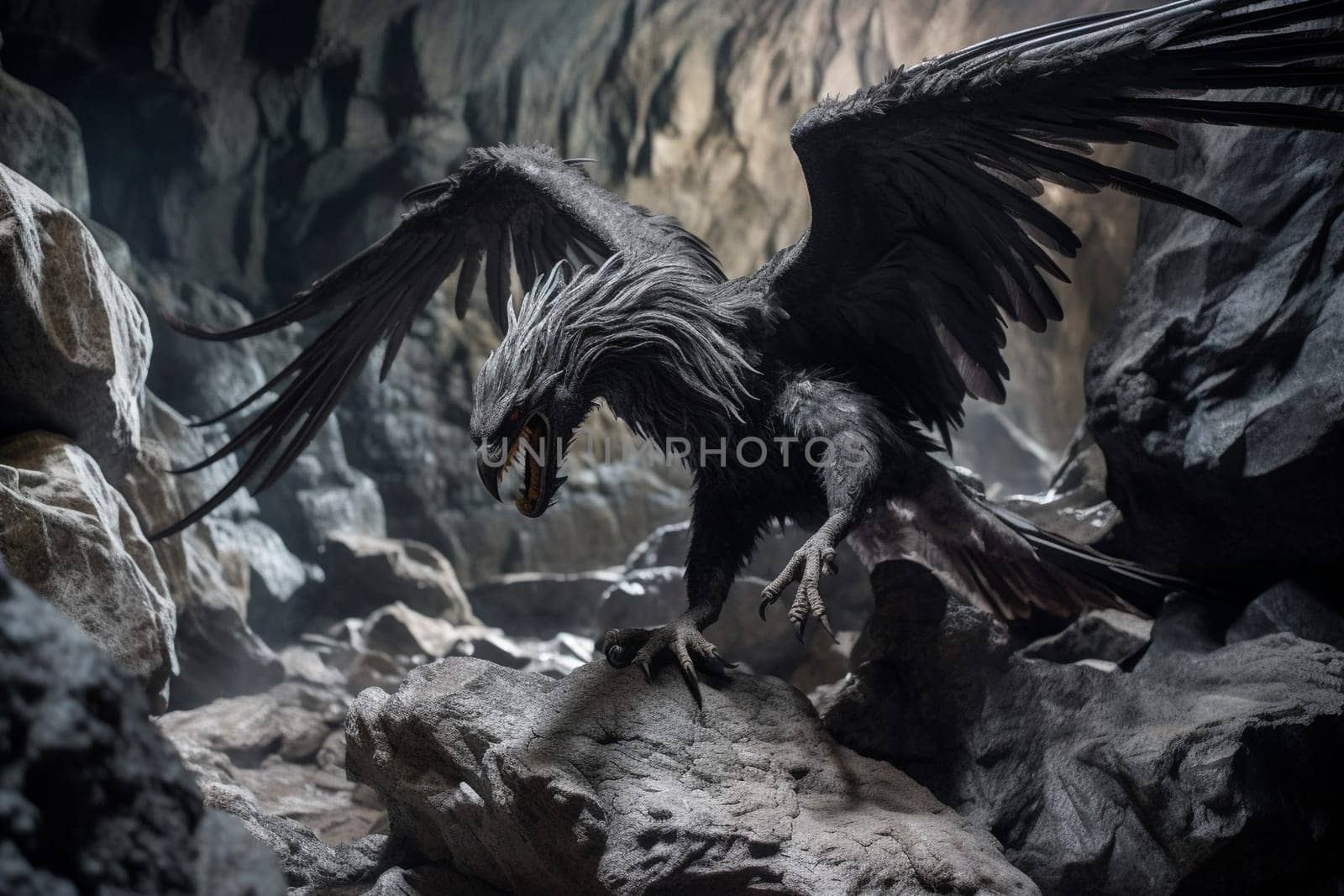 A mythological creature that is part eagle and part lion, the griffin is a fierce predator that strikes fear into its prey. In this dramatic scene, the griffin swoops down on its prey in a rocky canyon, creating an epic and cinematic display of power and strength. (generative AI)