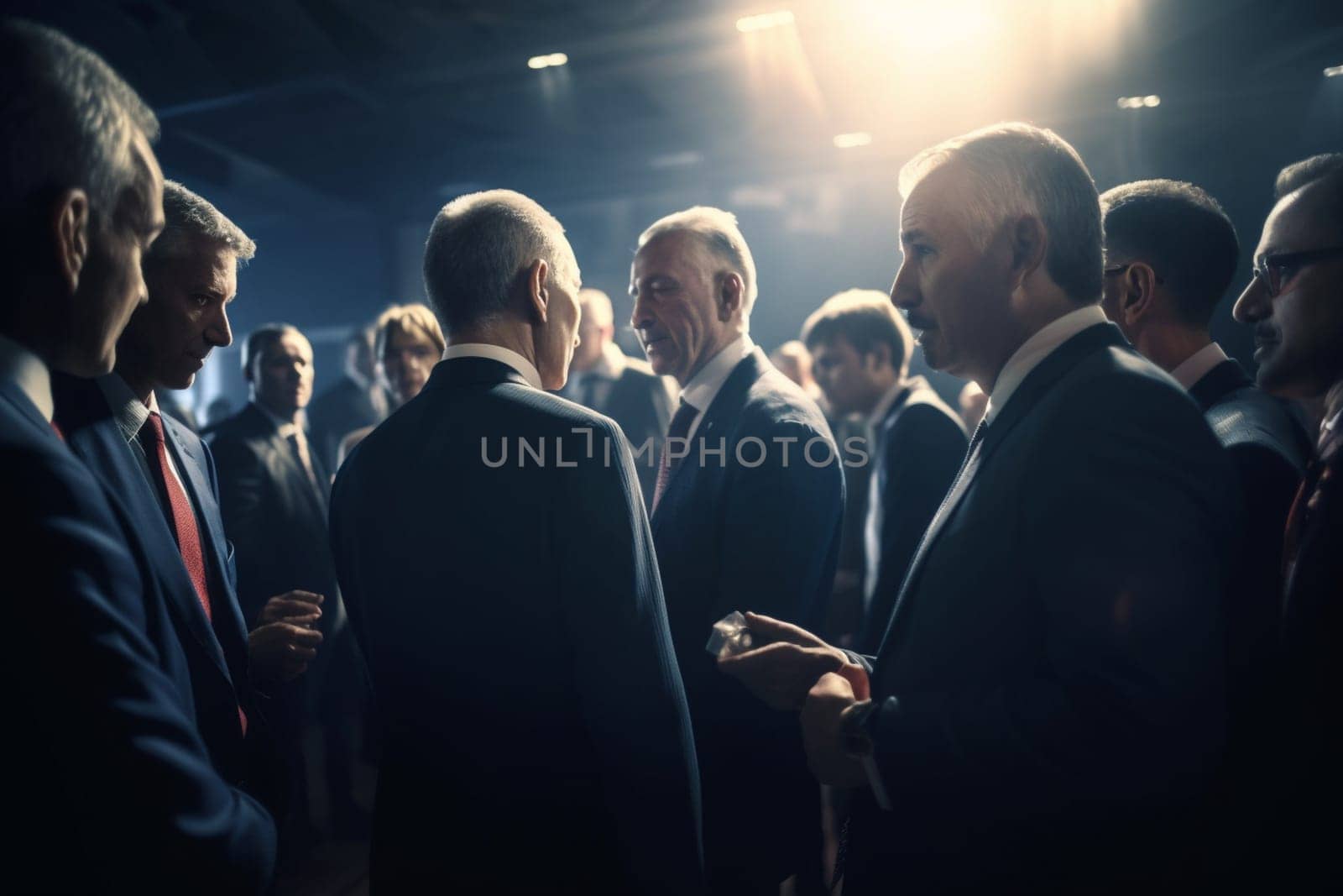 Business leaders from around the world gather at a conference to discuss new business trends and strategies. The atmosphere is charged with excitement and anticipation as they share their knowledge and expertise with one another. (generative AI)