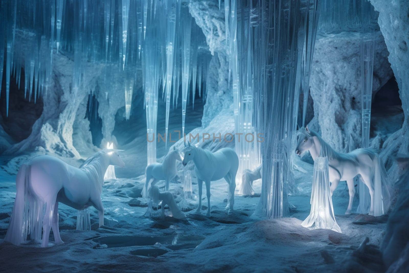 This scene depicts a group of crystalline unicorns grazing in a crystal cave. The shimmering and glowing nature of the unicorns and the cave add to the ethereal and magical feel of the scene. (generative AI)
