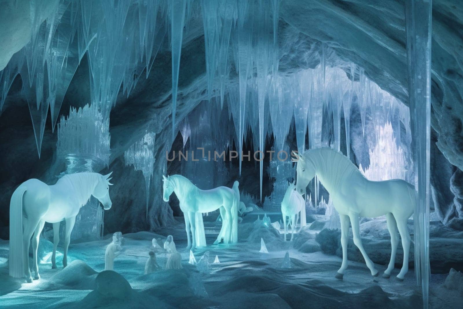 This scene depicts a group of crystalline unicorns grazing in a crystal cave. The shimmering and glowing nature of the unicorns and the cave add to the ethereal and magical feel of the scene. (generative AI)