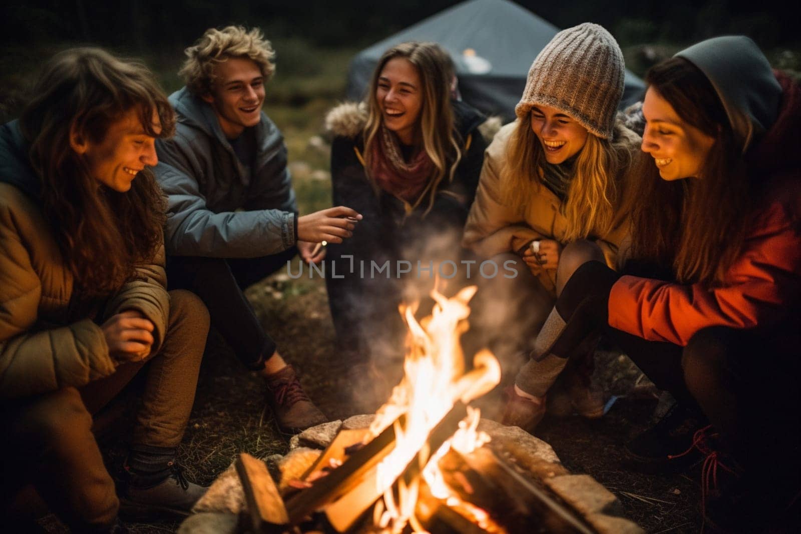 A group of friends sit around a campfire, their faces full of warmth and laughter as they share stories and jokes. The scene is cozy and social, with the natural beauty of the outdoors adding to the sense of camaraderie and friendship. The group is in a state of happiness, lost in the joy of bonding and the warmth of the fire. This scene can evoke feelings of humor, warmth, and friendship. (generative AI)