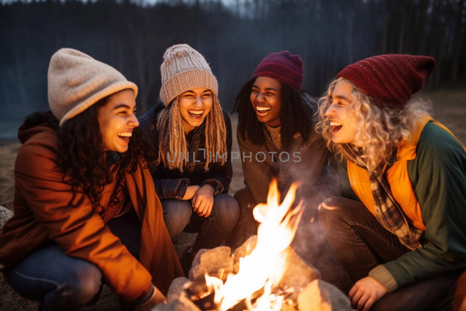 A group of friends sit around a campfire, their faces full of warmth and laughter as they share stories and jokes. The scene is cozy and social, with the natural beauty of the outdoors adding to the sense of camaraderie and friendship. The group is in a state of happiness, lost in the joy of bonding and the warmth of the fire. This scene can evoke feelings of humor, warmth, and friendship. (generative AI)