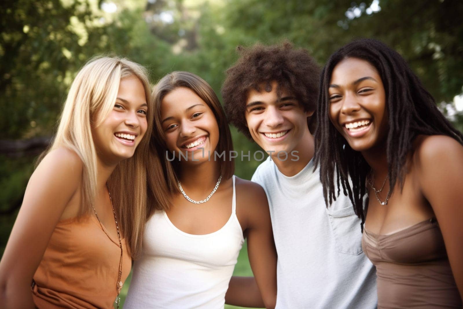 In the midst of a green park, a group of close friends laugh and joke together, feeling carefree and happy in the moment. The scene is vibrant and lively with the colors of nature all around them. This setting can evoke feelings of joy, friendship, and companionship. (generative AI)