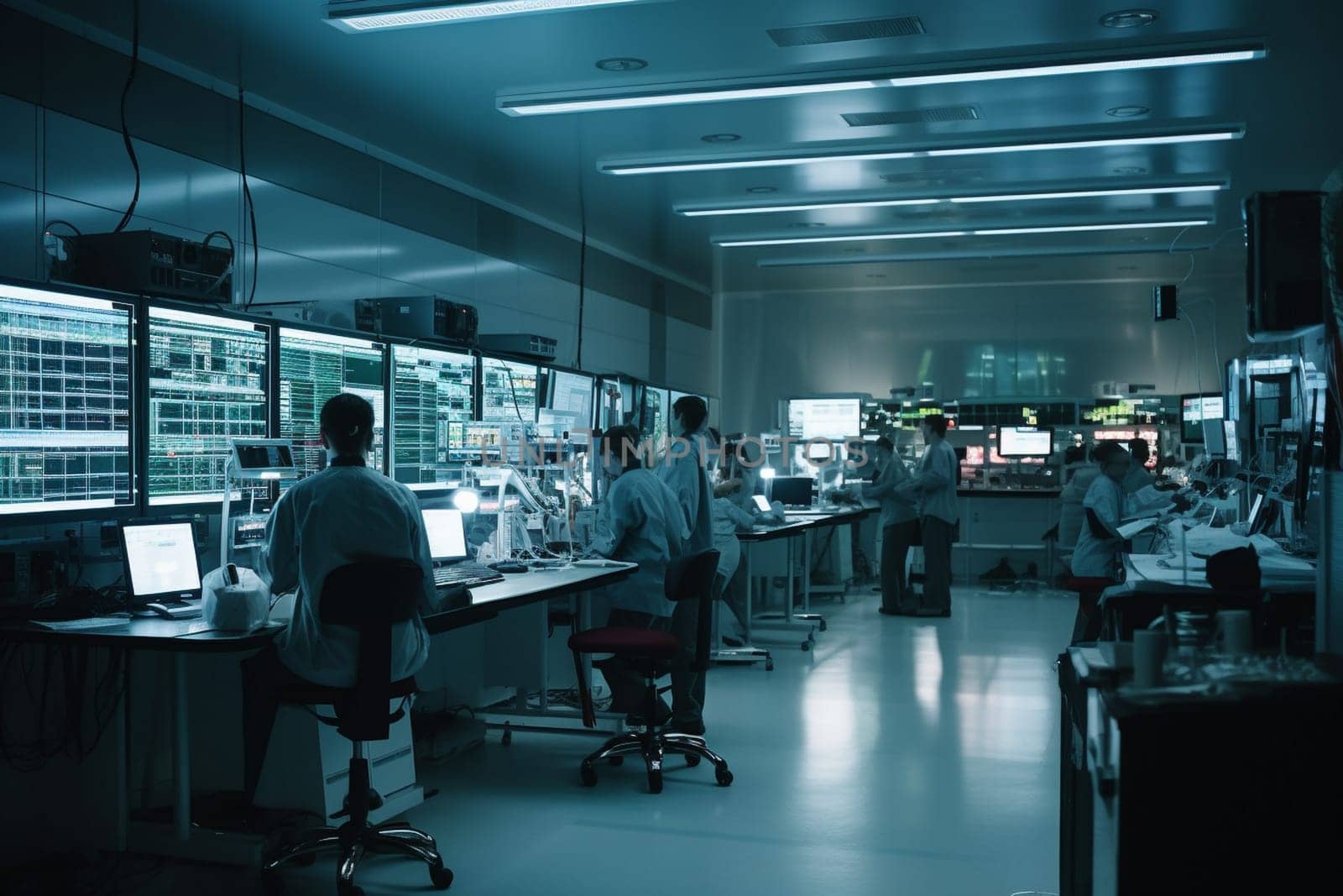 In a state-of-the-art research lab, a team of dedicated scientists are working tirelessly to find a cure for a deadly virus that threatens to sweep the globe. Their focus and determination is palpable, as they strive to harness the latest in medical technology and research to protect humanity from this deadly threat. (generative AI)