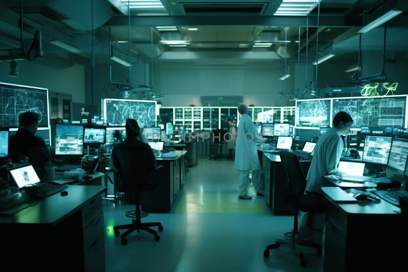 In a state-of-the-art research lab, a team of dedicated scientists are working tirelessly to find a cure for a deadly virus that threatens to sweep the globe. Their focus and determination is palpable, as they strive to harness the latest in medical technology and research to protect humanity from this deadly threat. (generative AI)