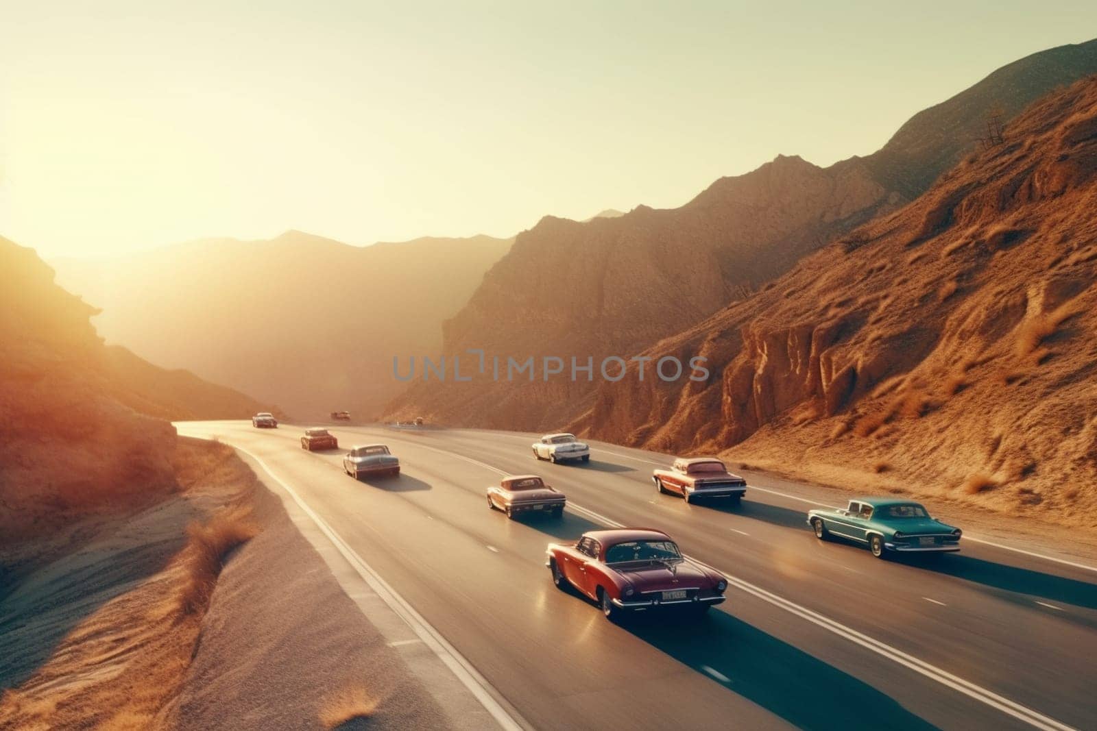 A group of vintage cars speed through a scenic mountain pass, their engines roaring and tires screeching. The cars are picturesque, with classic designs and vibrant colors standing out against the lush green landscape. The road ahead is narrow and winding, providing an exciting driving experience for the racers. (generative AI)