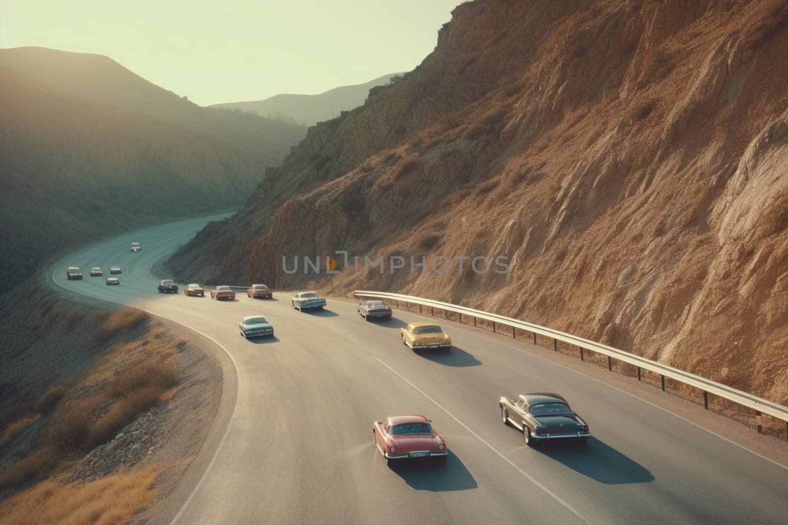 A group of vintage cars speed through a scenic mountain pass, their engines roaring and tires screeching. The cars are picturesque, with classic designs and vibrant colors standing out against the lush green landscape. The road ahead is narrow and winding, providing an exciting driving experience for the racers. (generative AI)