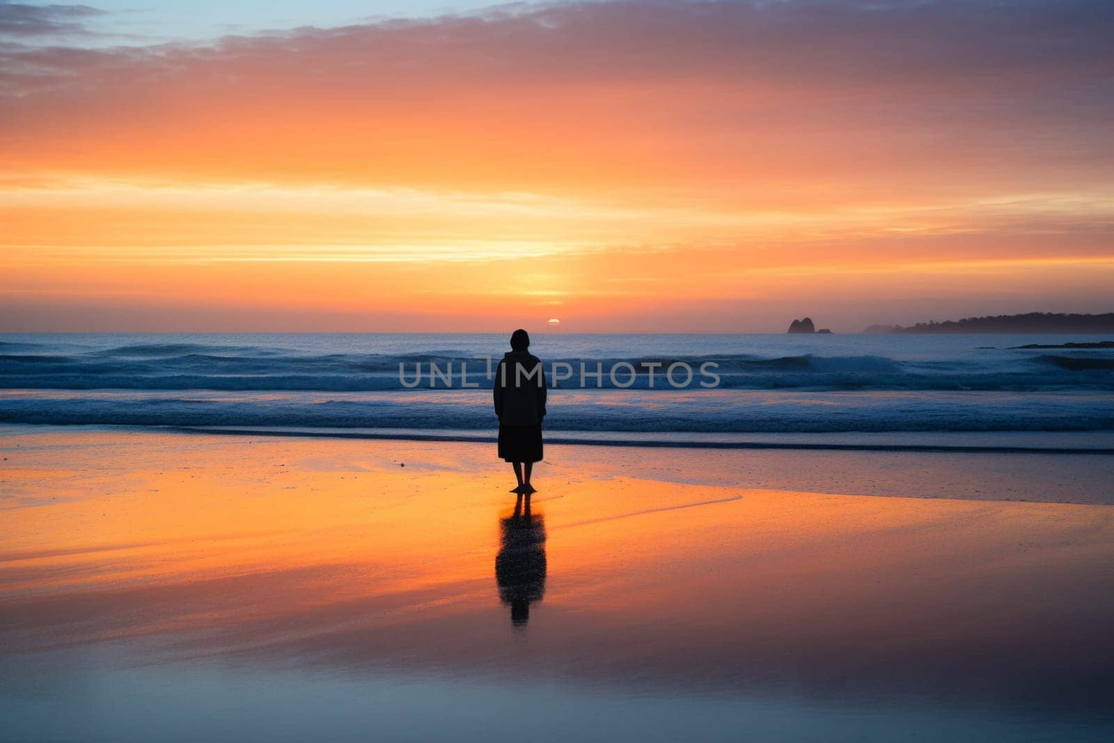 At sunrise, a lone figure stands on a cliff overlooking the vast expanse of the ocean. The calming orange and blue tones of the sky contrast with the natural blues of the water and the greens of the foliage, creating a beautiful and rejuvenating scene. This scene evokes feelings of peace, reflection, inspiration, and rejuvenation. (generative AI)
