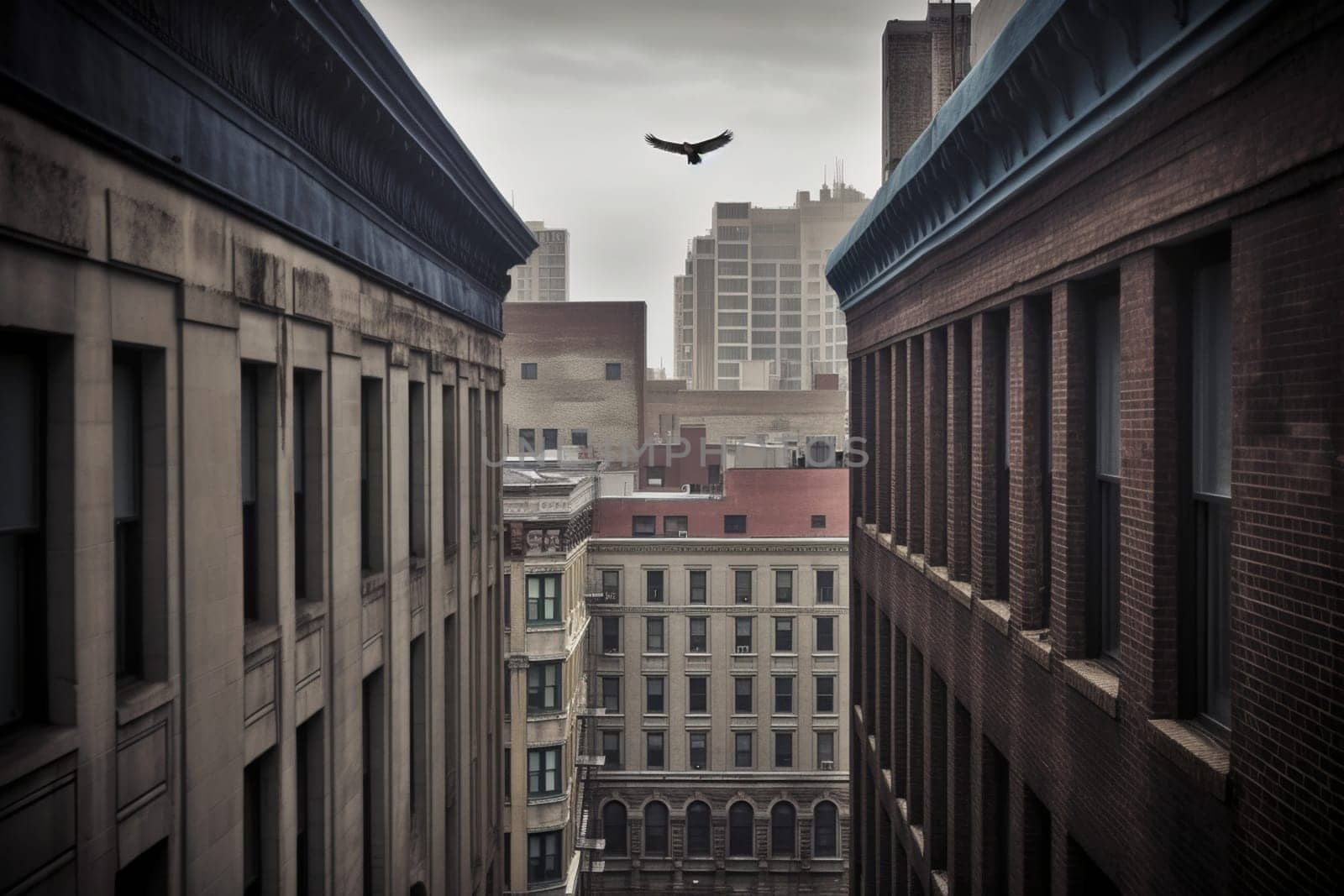 In the middle of a busy, industrial city, a lone bird takes flight, soaring over a tall building. The gray and blue tones of the scene create a sense of isolation and detachment, allowing for peaceful contemplation amidst the chaos of the city. This scene evokes feelings of freedom, peace, quiet, and reflection. (generative AI)