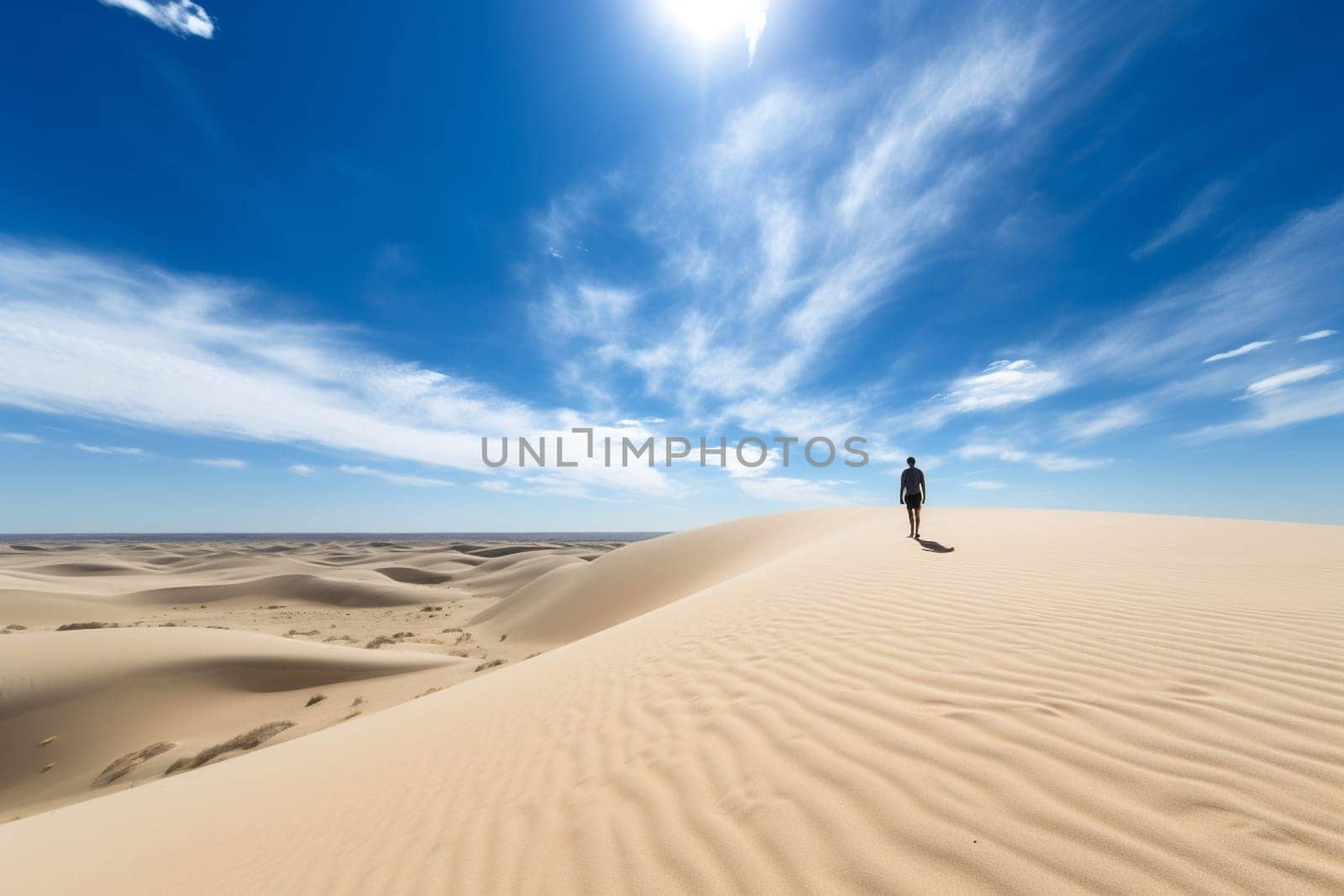 A lone figure stands in a vast and isolated desert, surrounded by towering sand dunes and the wide expanse of the blue sky above. The scene is atmospheric and majestic, with the tranquility of the empty desert landscape adding to the sense of solitude and introspection. This scene can evoke feelings of quiet reflection, isolation, and expansive thought. (generative AI)