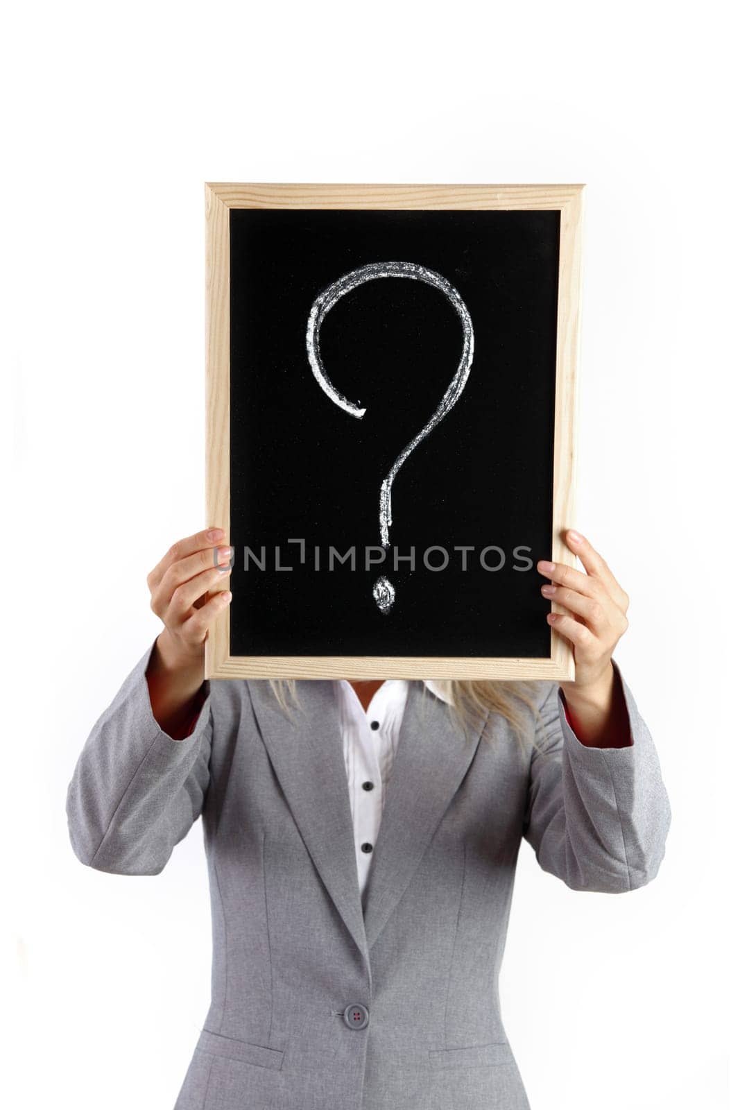 business woman take question sign in hands